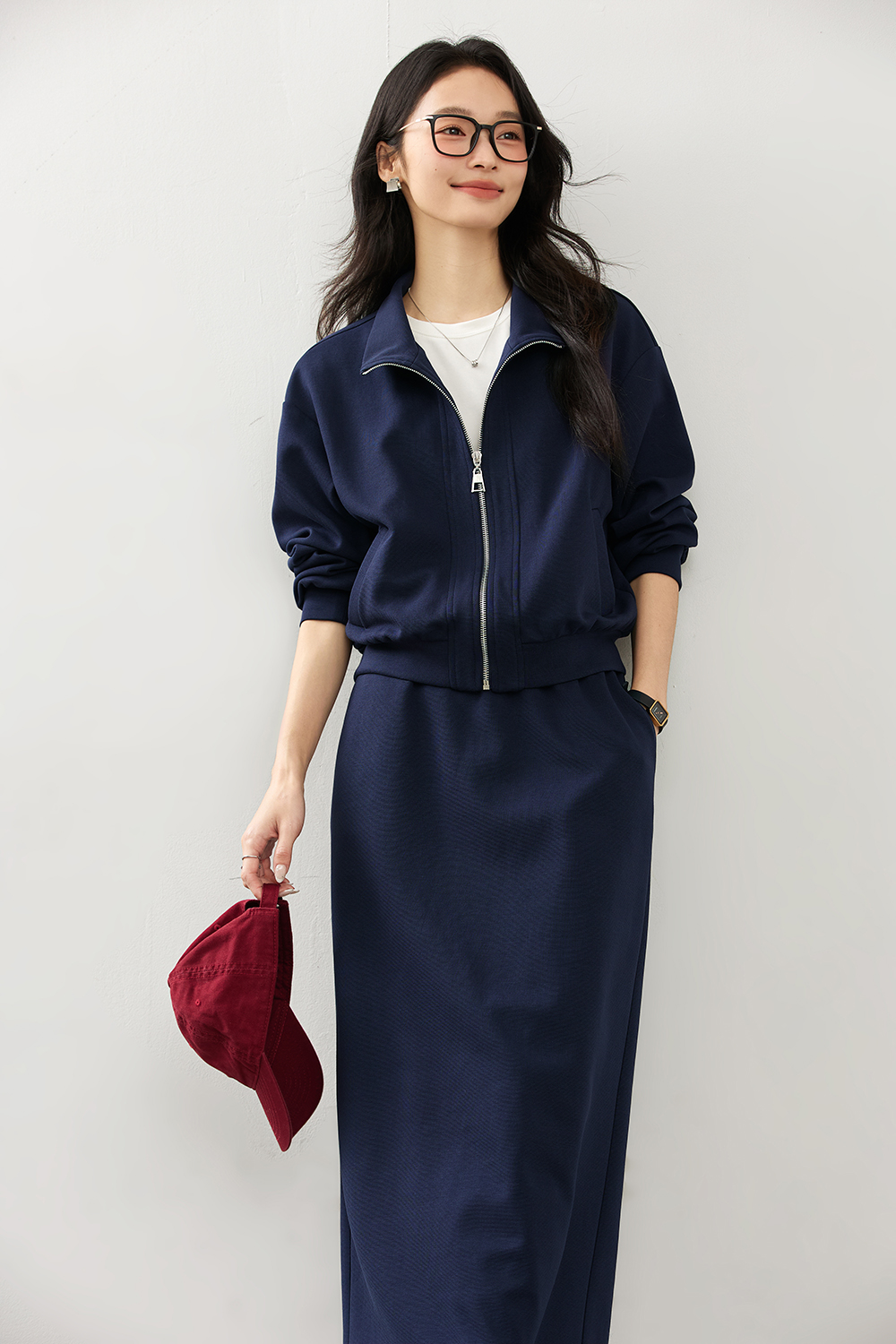 Navy blue cardigan sweater coat and skirt-VIMLYSTORE
