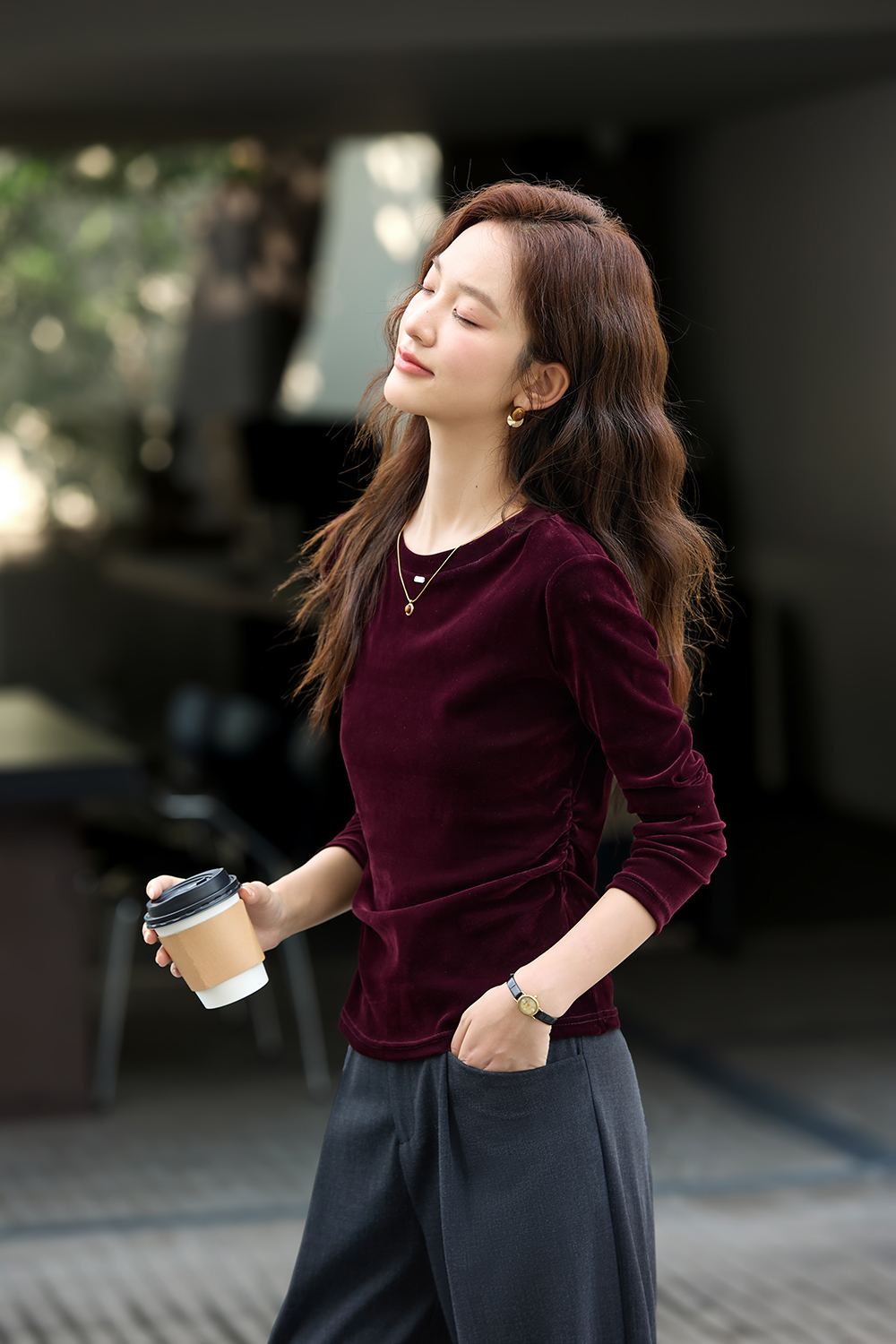 Round Neck Velvet Slim-Fit Slimming Knit T-Shirt-VIMLYSTORE