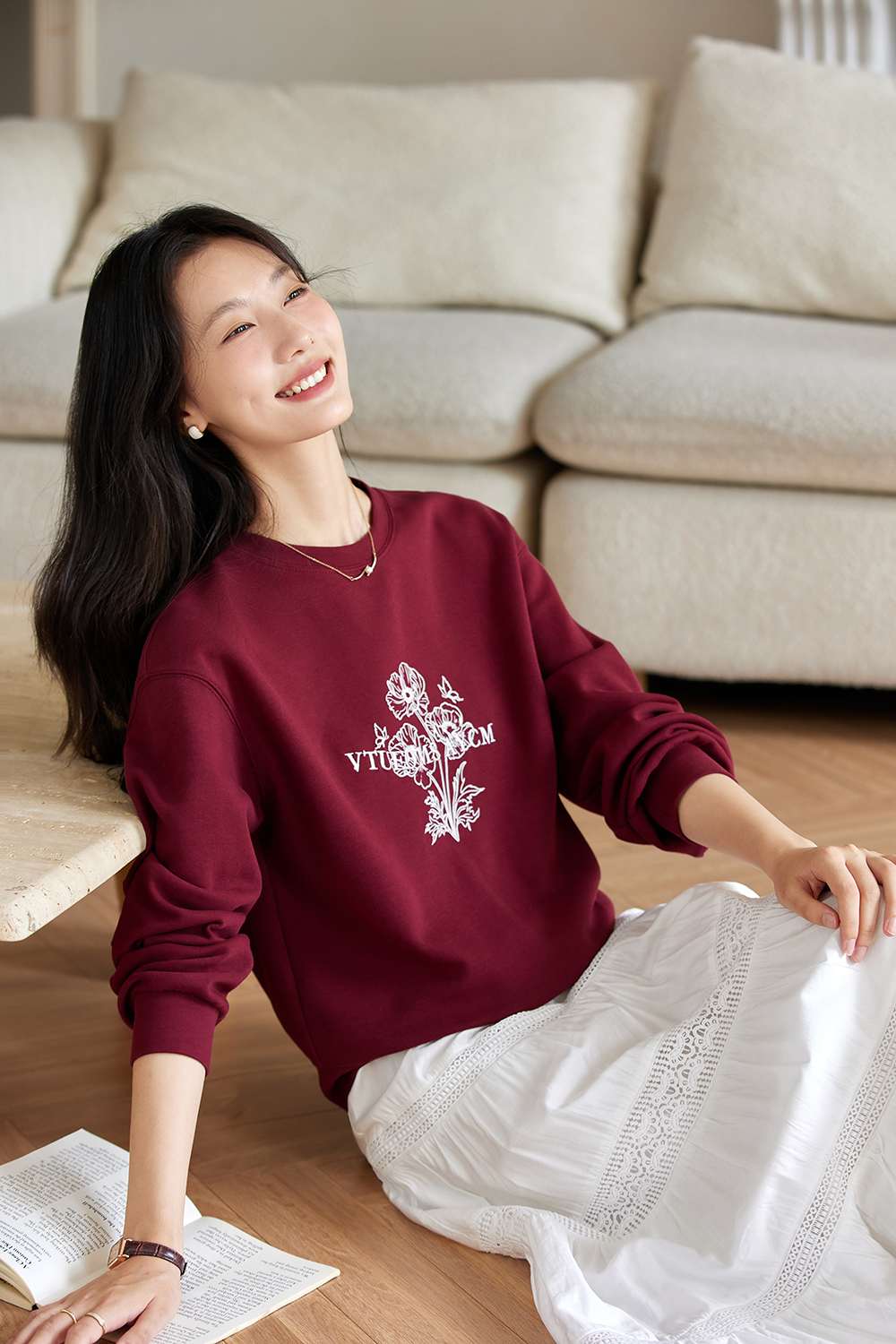 Flower print red round neck Sweatshirt-VIMLYSTORE