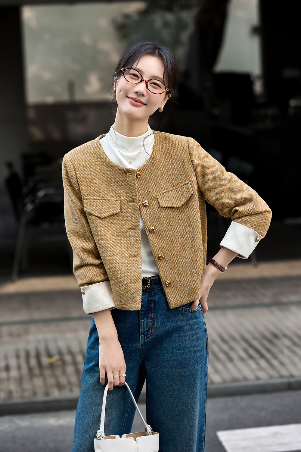 Brown Round Neck Woolen Versatile Coat-VIMLYSTORE