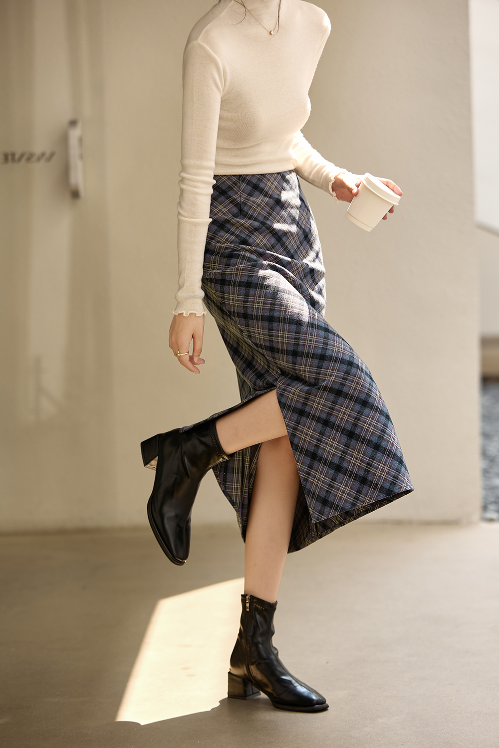 Dusty Blue Plaid Woolen Midi Skirt-VIMLYSTORE