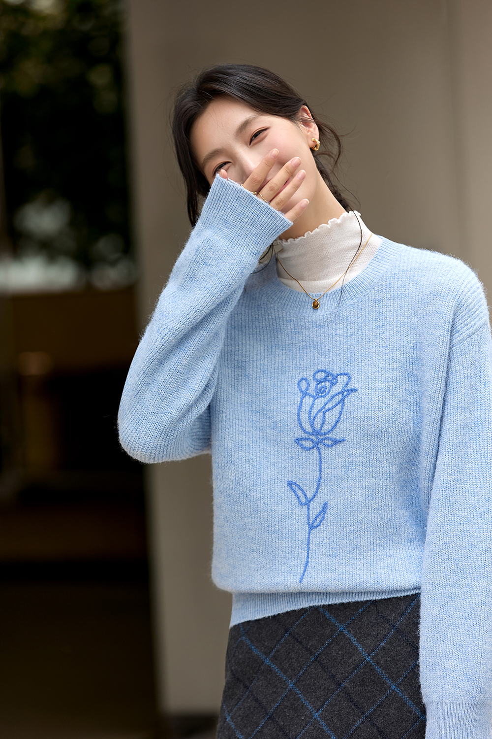 Blue Rose Embroidered Oversized Knit-VIMLYSTORE