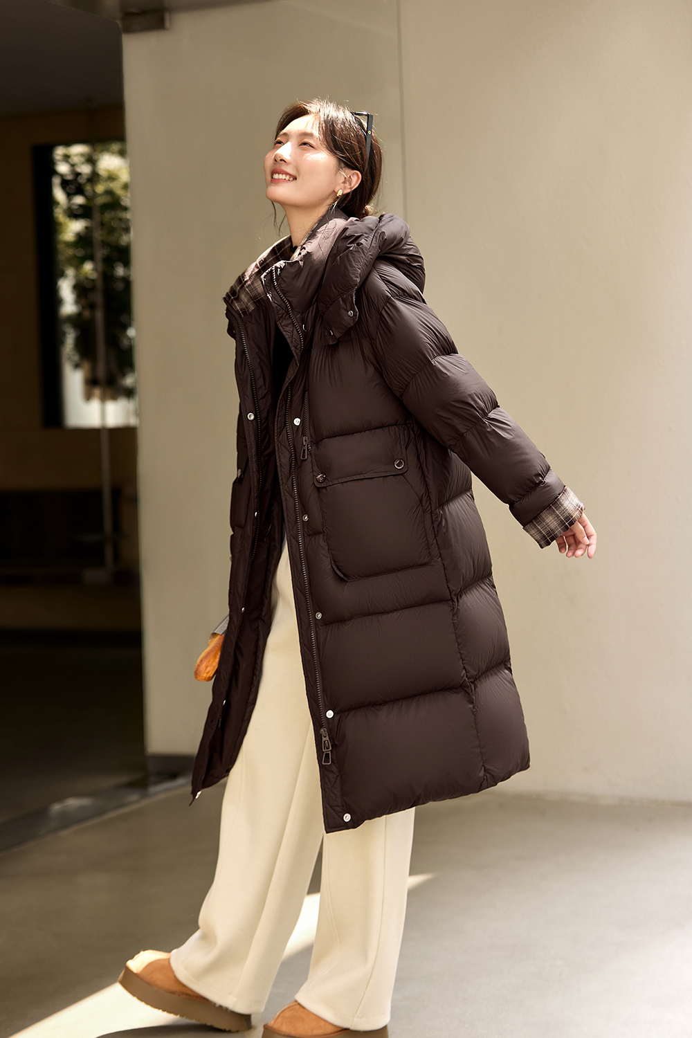 Brown Patchwork Plaid Hooded Down Jacket-VIMLYSTORE