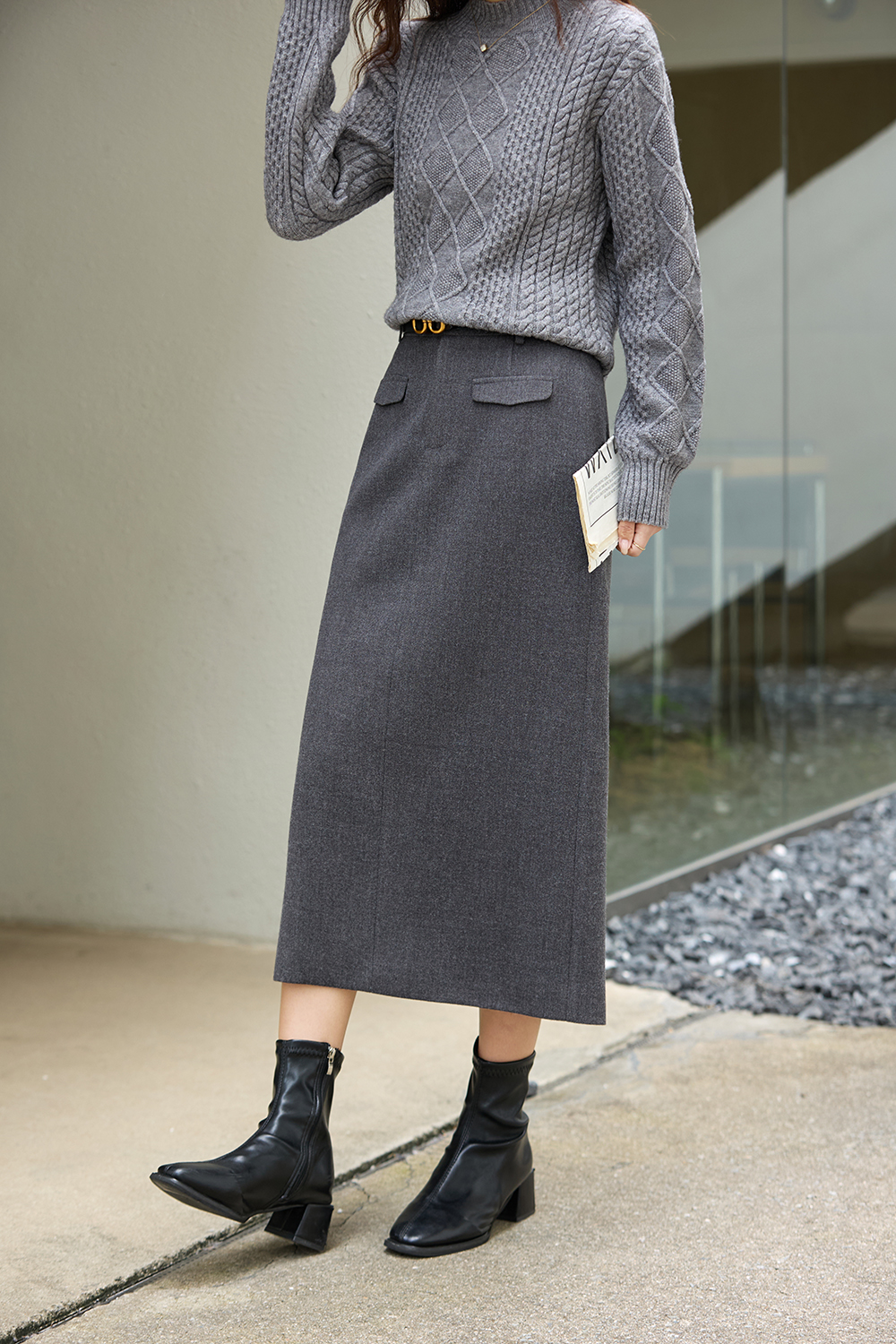 Grey Straight-Cut Midi Skirt