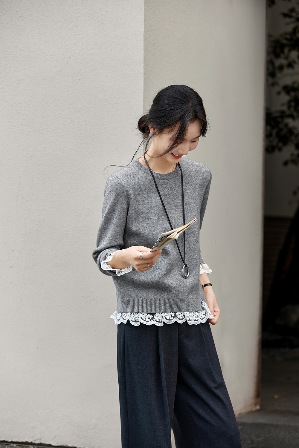 Grey Lace-Trimmed Crewneck Knit Top
