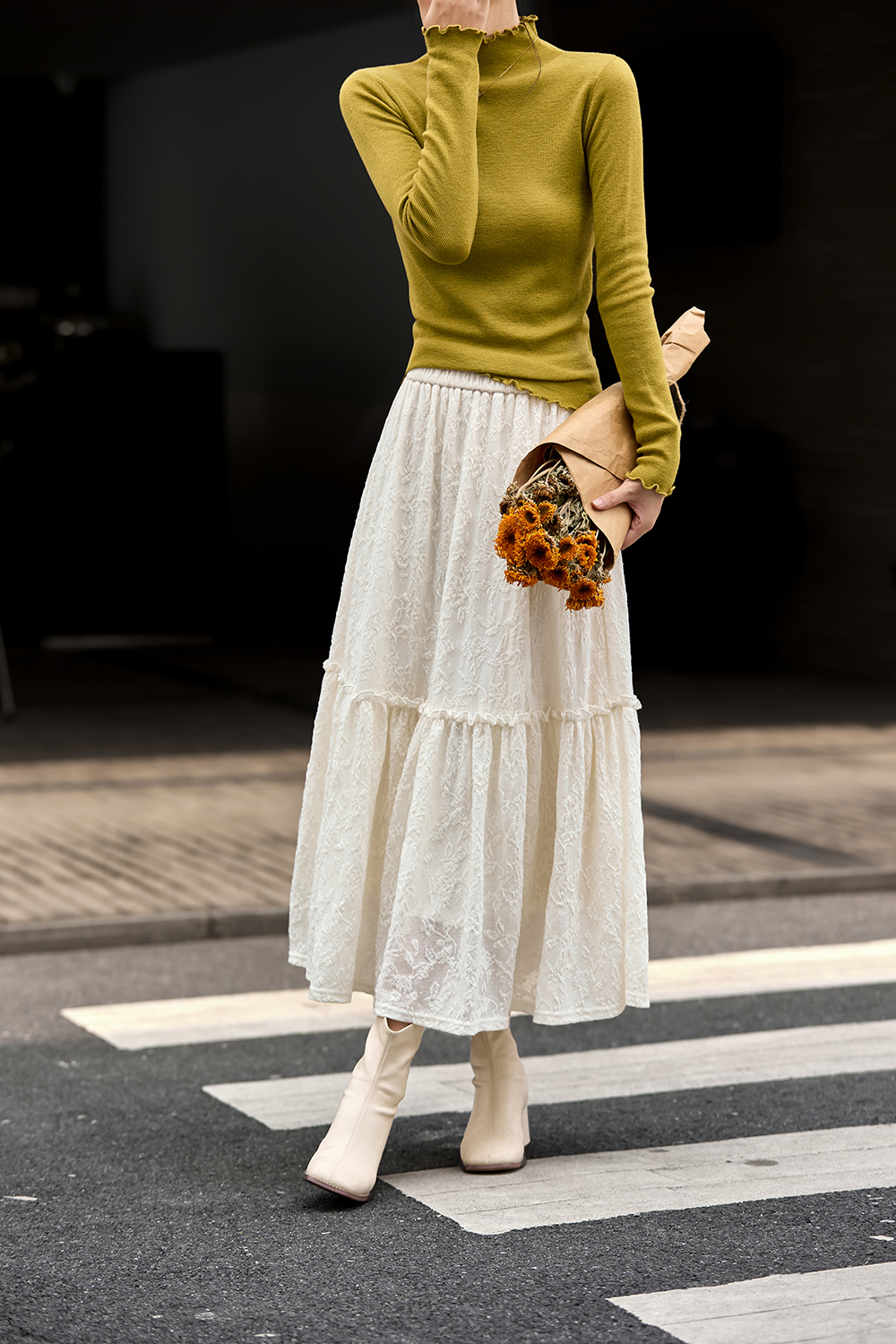 French Brushed Lace Panel Midi Skirt