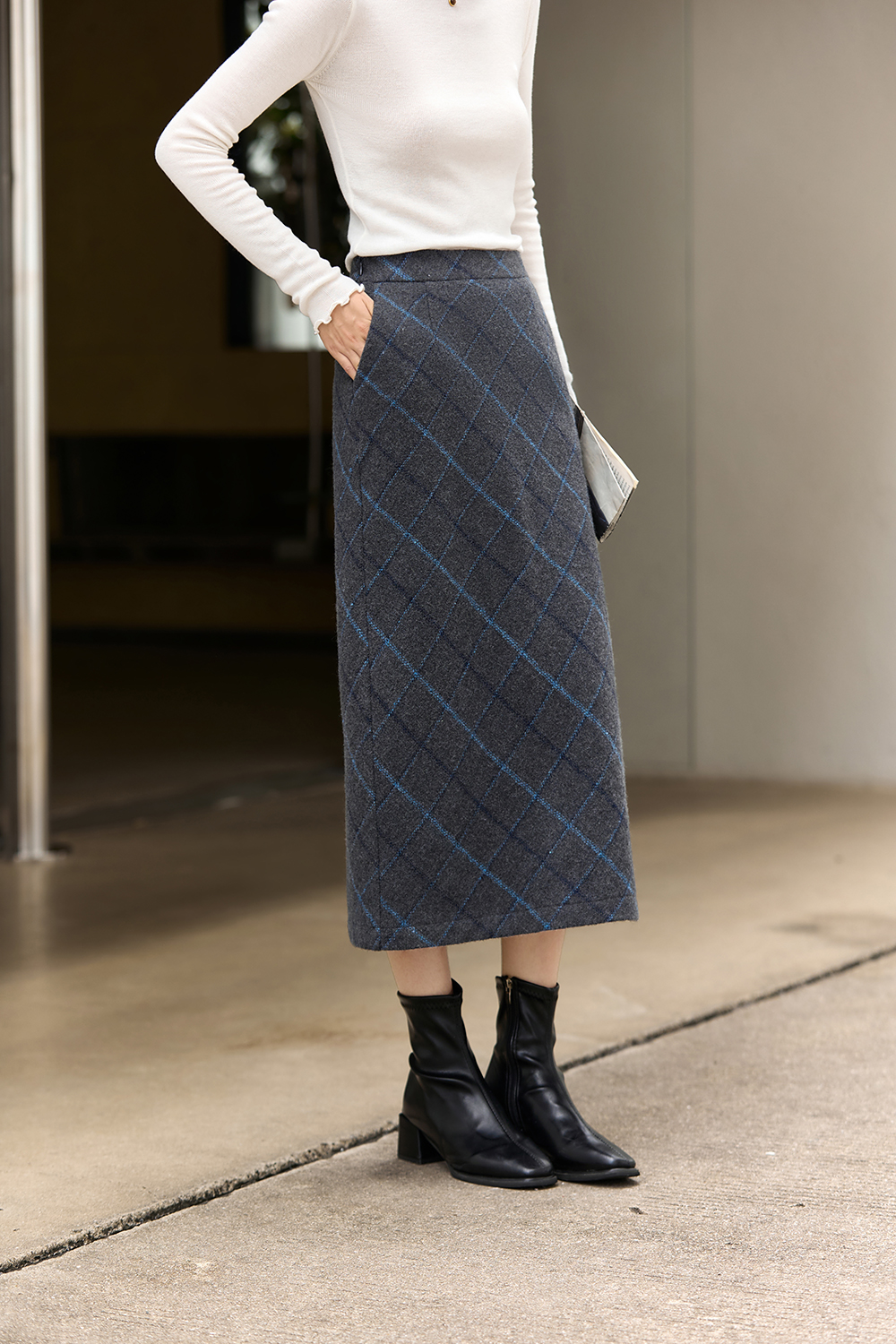 Grey-Blue Checked Wool-Blend Midi Skirt