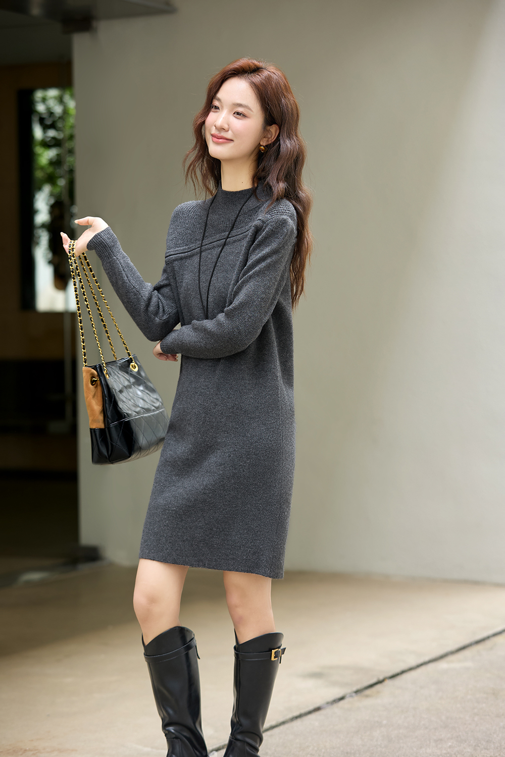 Mock-Neck Paneled Knit Dress