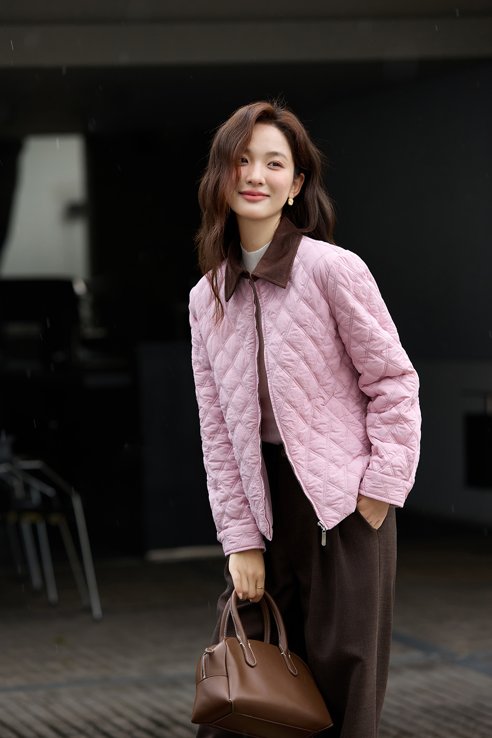 Color-Block Lapel Argyle Puffer Jacket