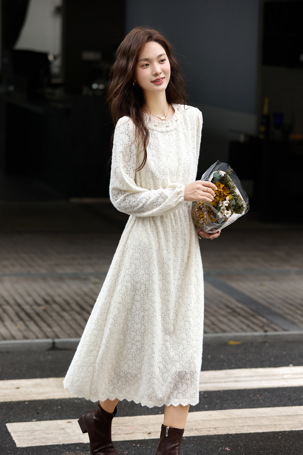 Apricot French Crewneck Lace-Trimmed Dress