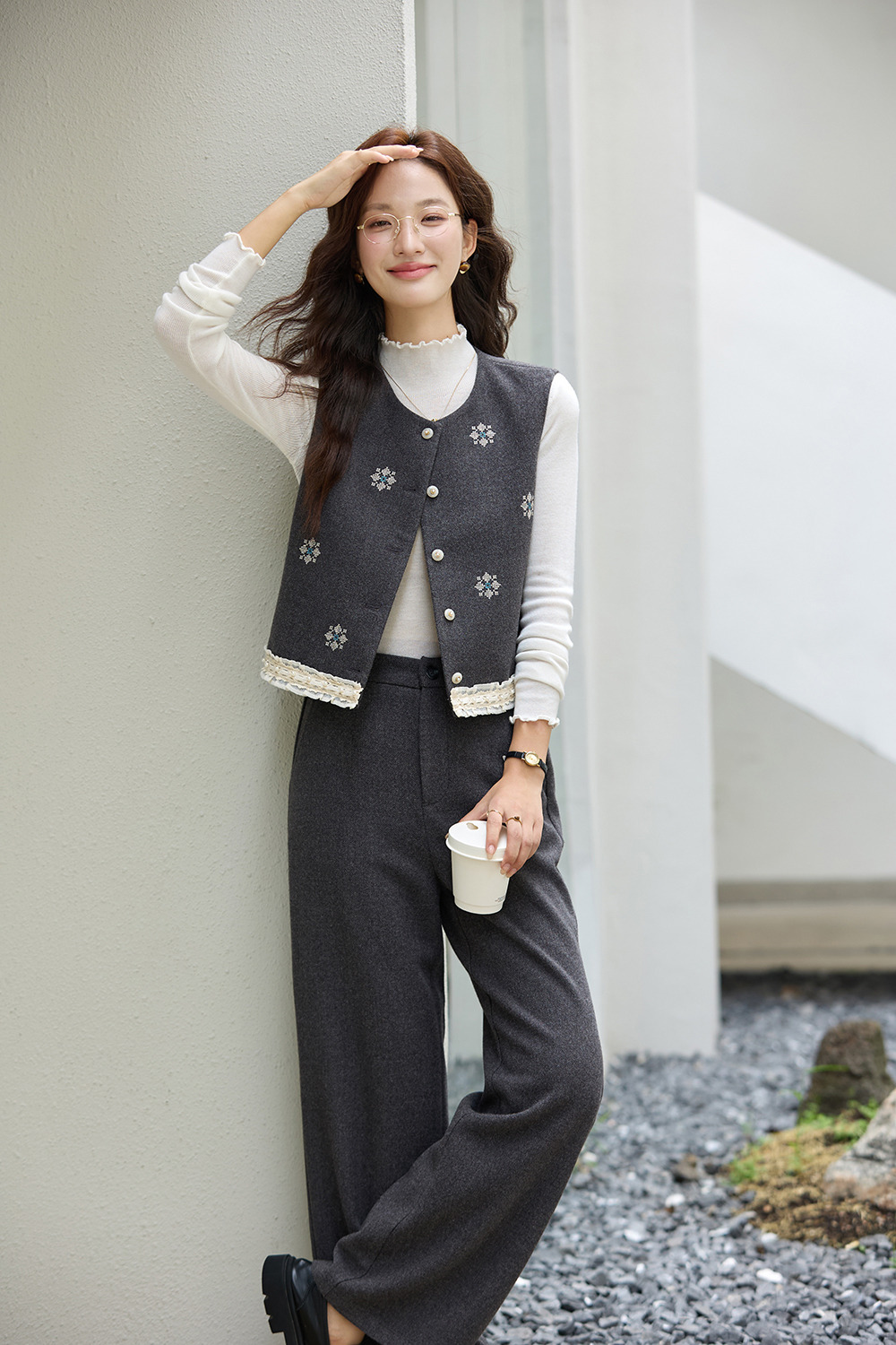 Grey Embroidered Vest Set