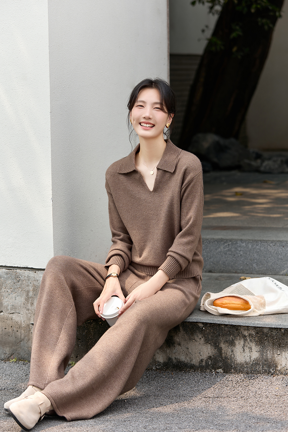 Brown Lapel Knit Set