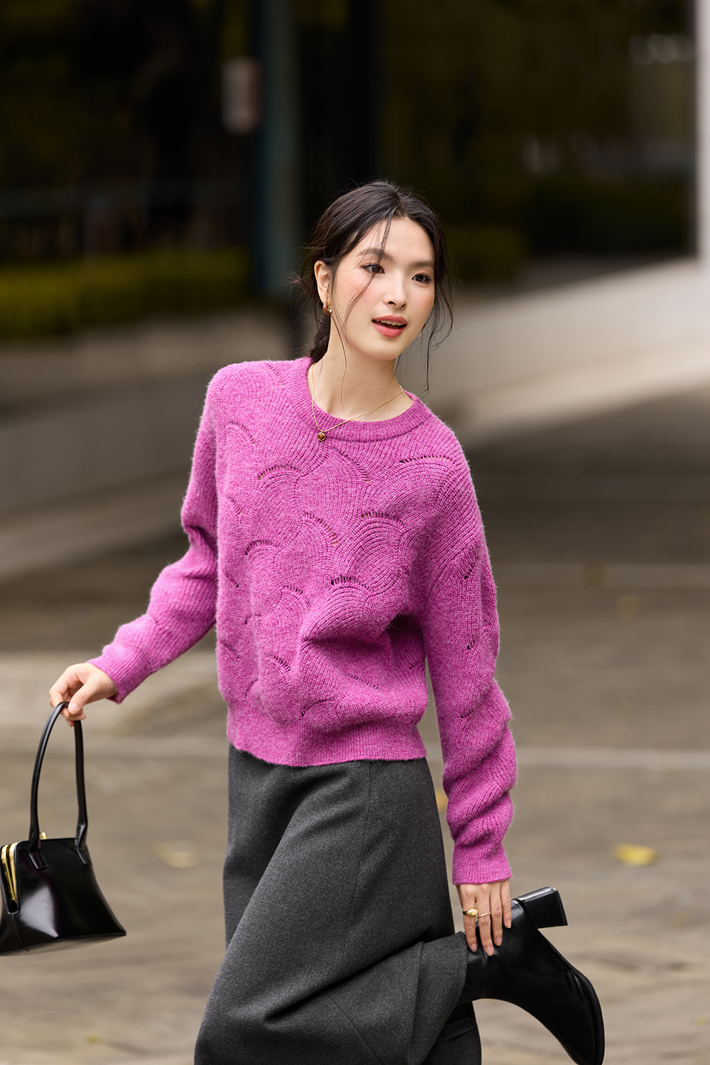 Fuchsia Openwork Pattern Crewneck Sweater