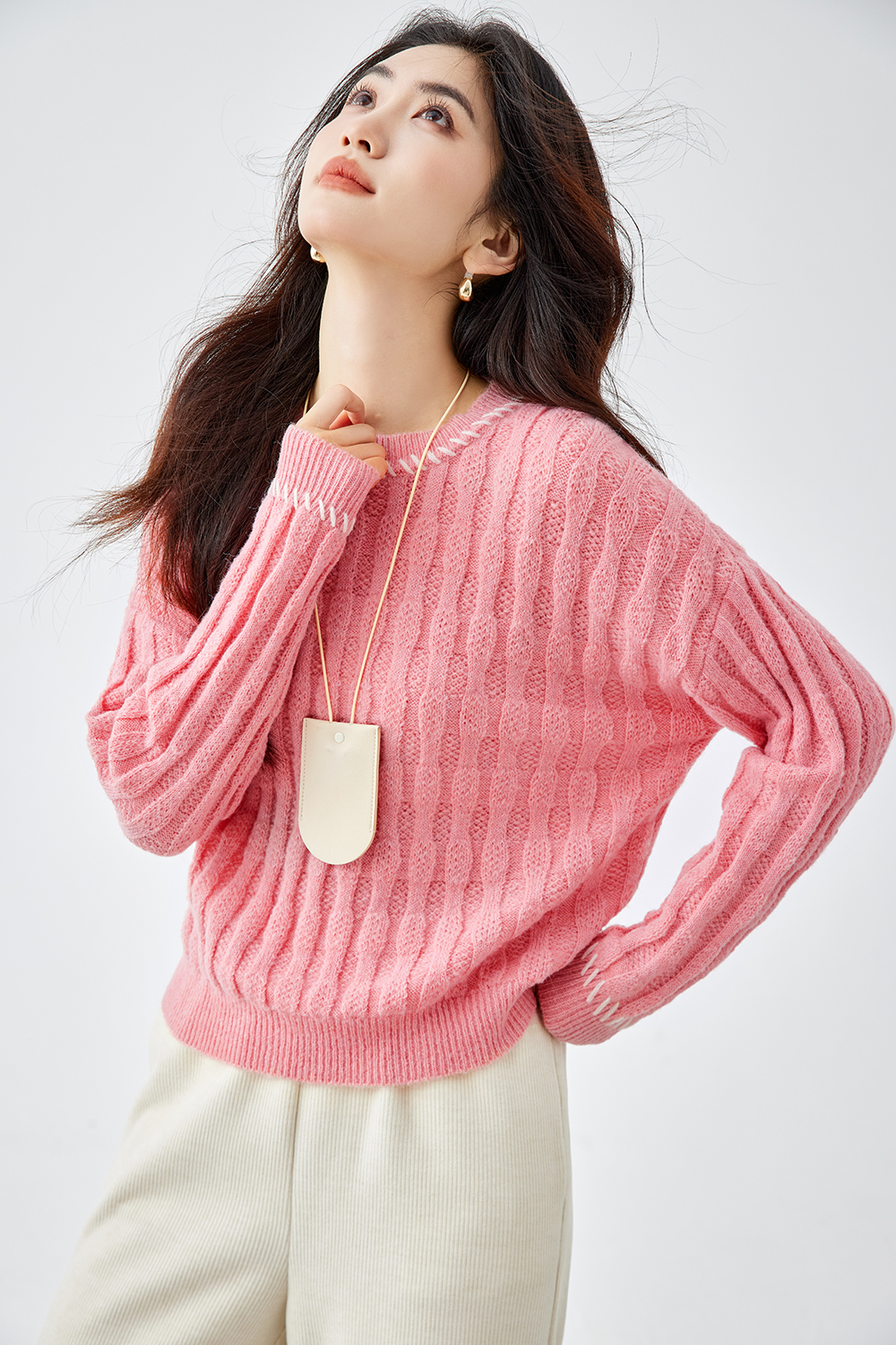 Pink Slouchy Cable-Knit Sweater