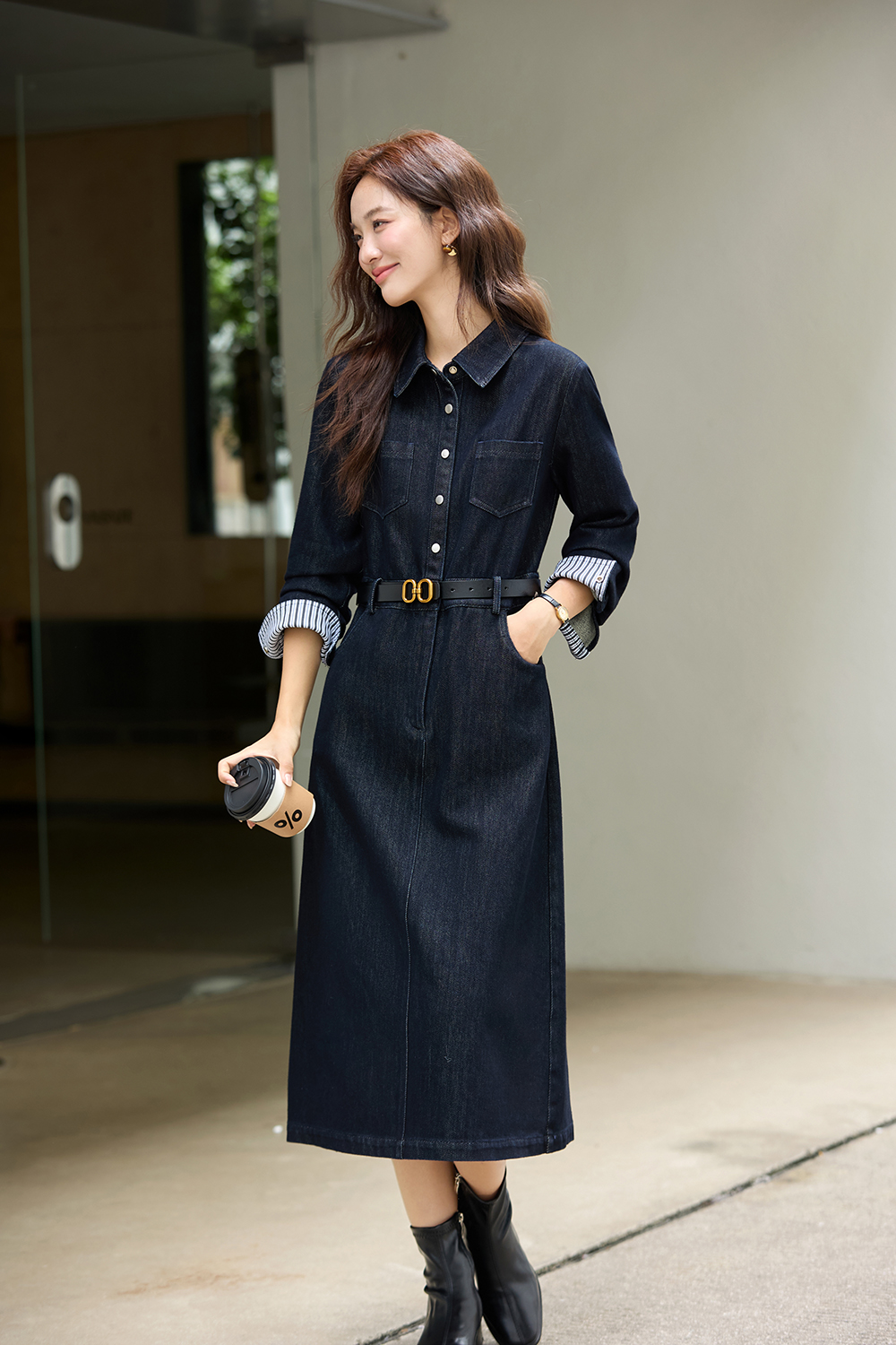 Blue Vintage Lapel Fleece-Lined Denim Dress