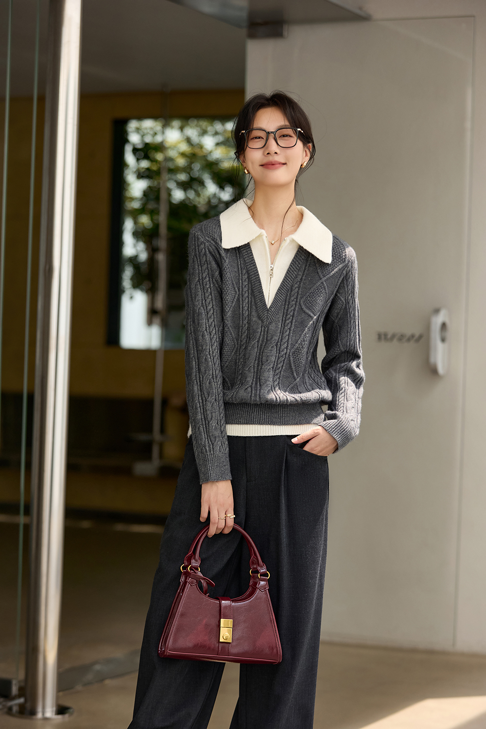 Gray Fake Two-Piece Lapel Plaid Sweater