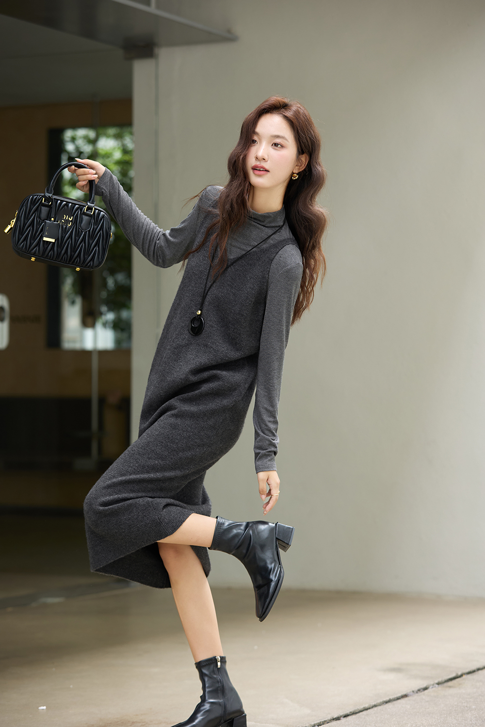 Gray Undershirt & Camisole Dress Set