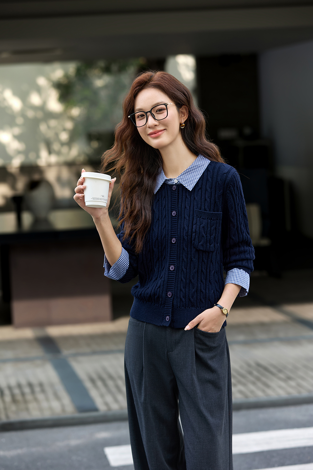 Navy Blue Fake Two-Piece Knitted Cardigan