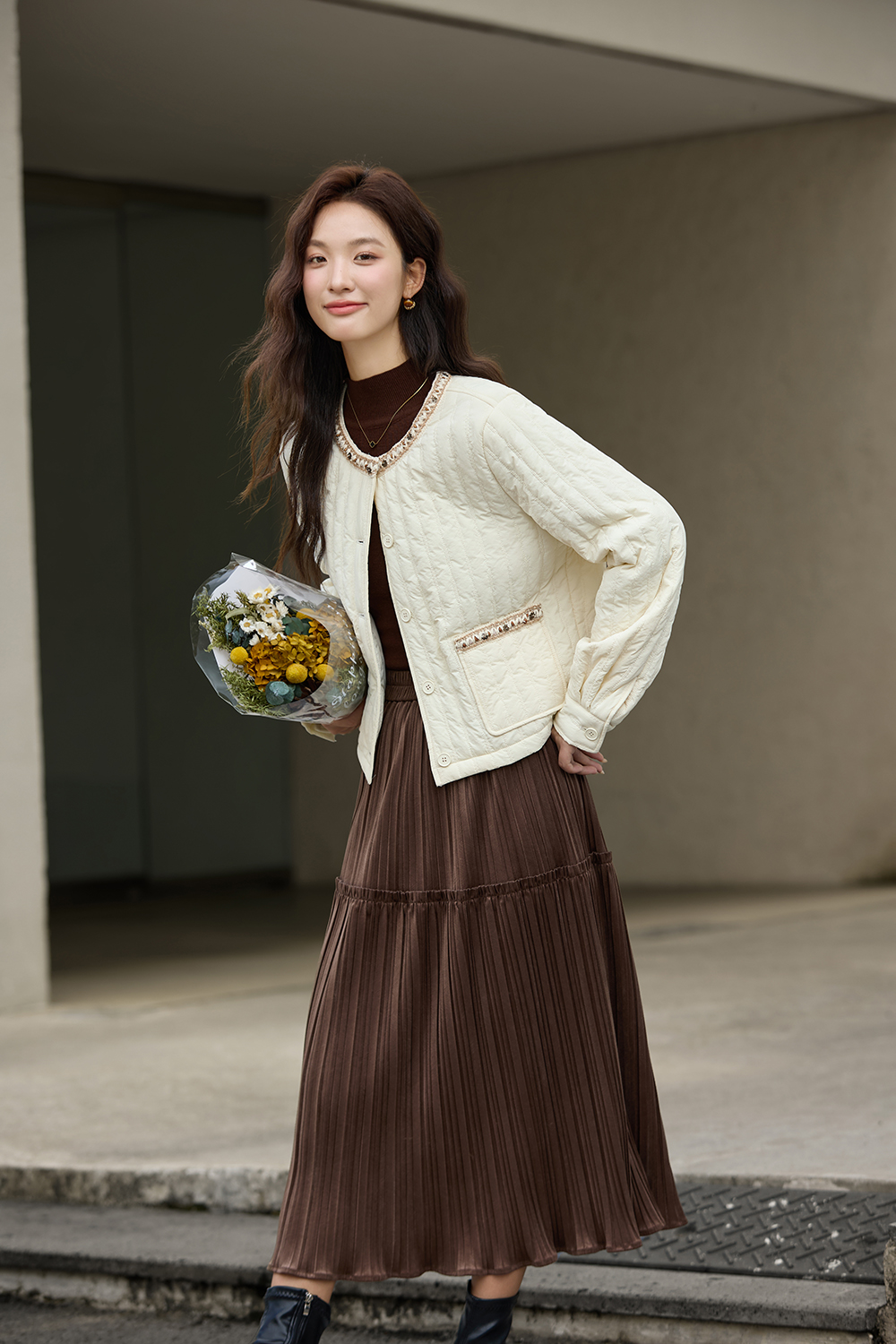 Apricot Ribbon Crew Neck Cotton Padded Jacket