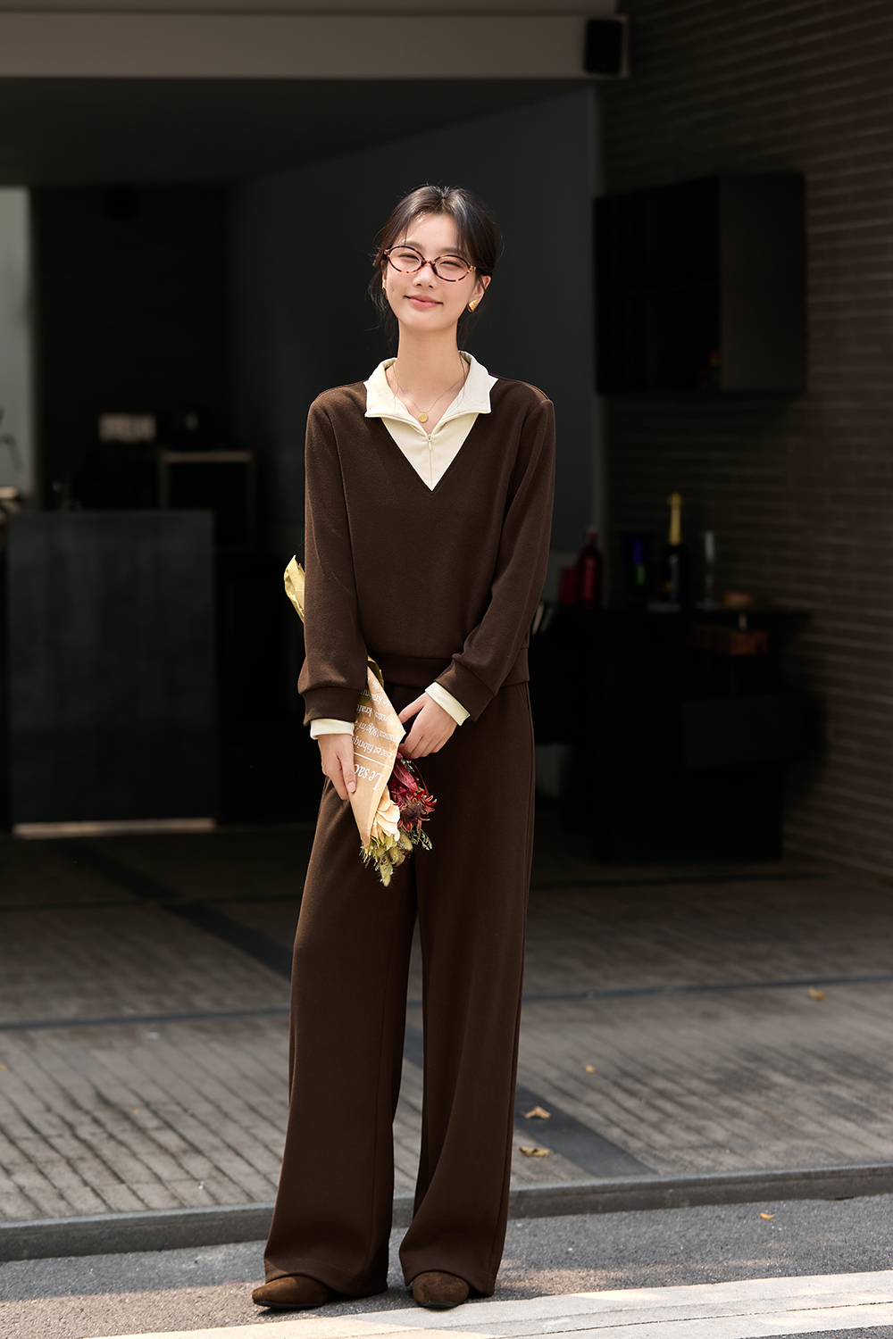 Brown Fake Two-Piece Set