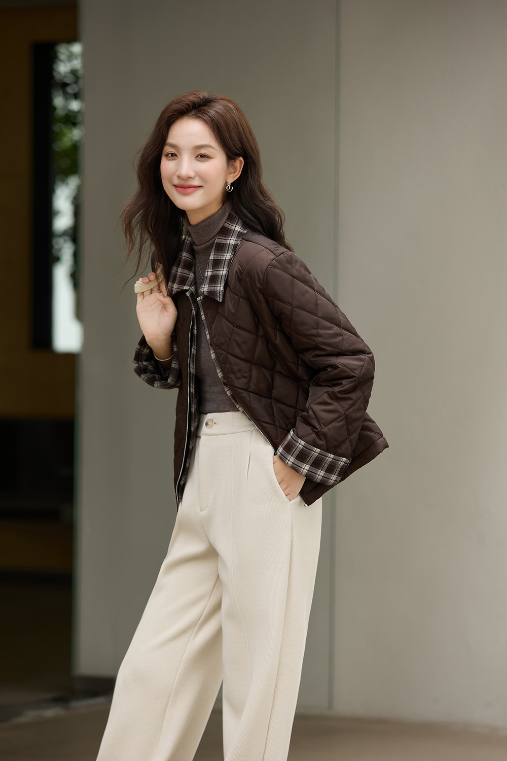 Coffee-Colored Fake Two-Piece Lapel Argyle Cotton Padded Jacket