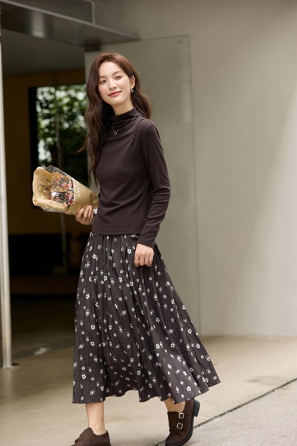 Coffee Floral Print Dress Set