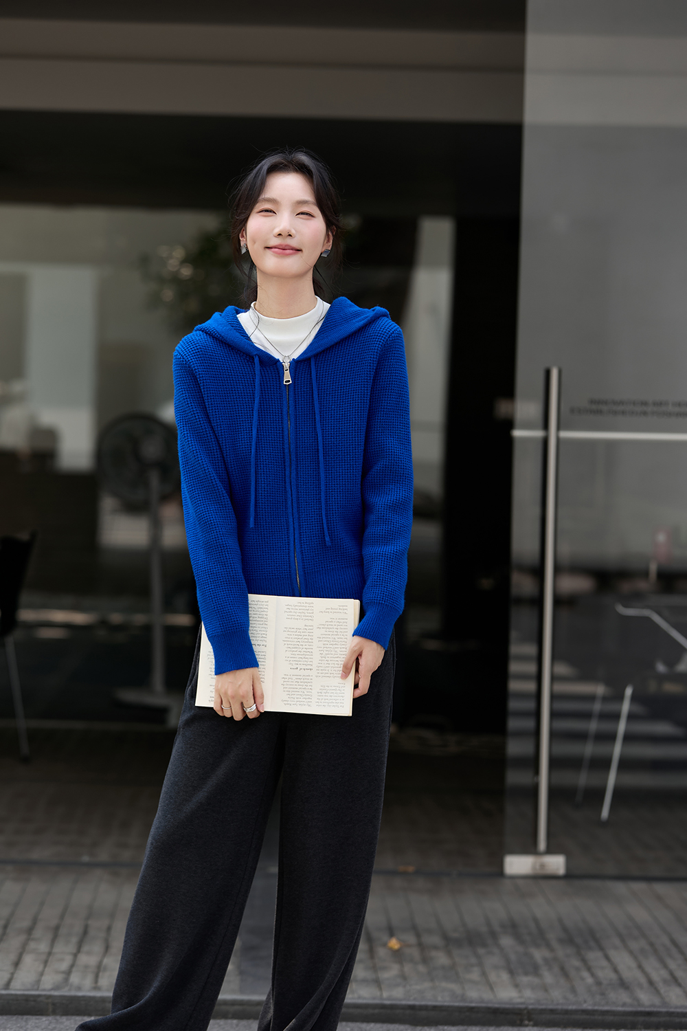 Blue Hooded Zippered Knitted Cardigan