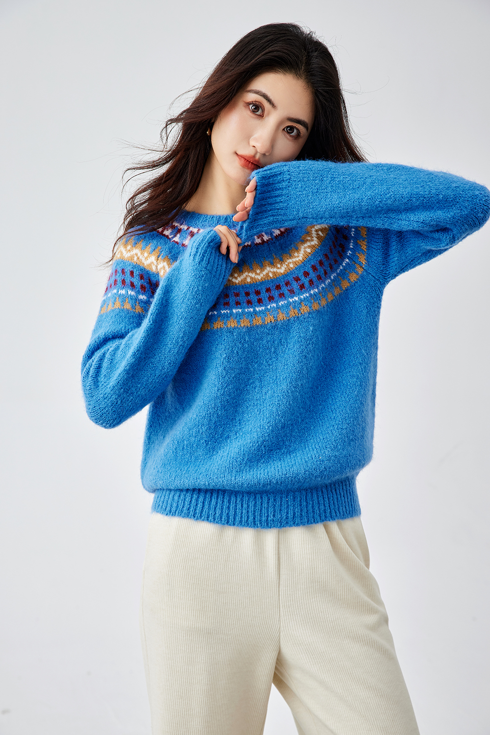 Blue Crew Neck Jacquard Sweater