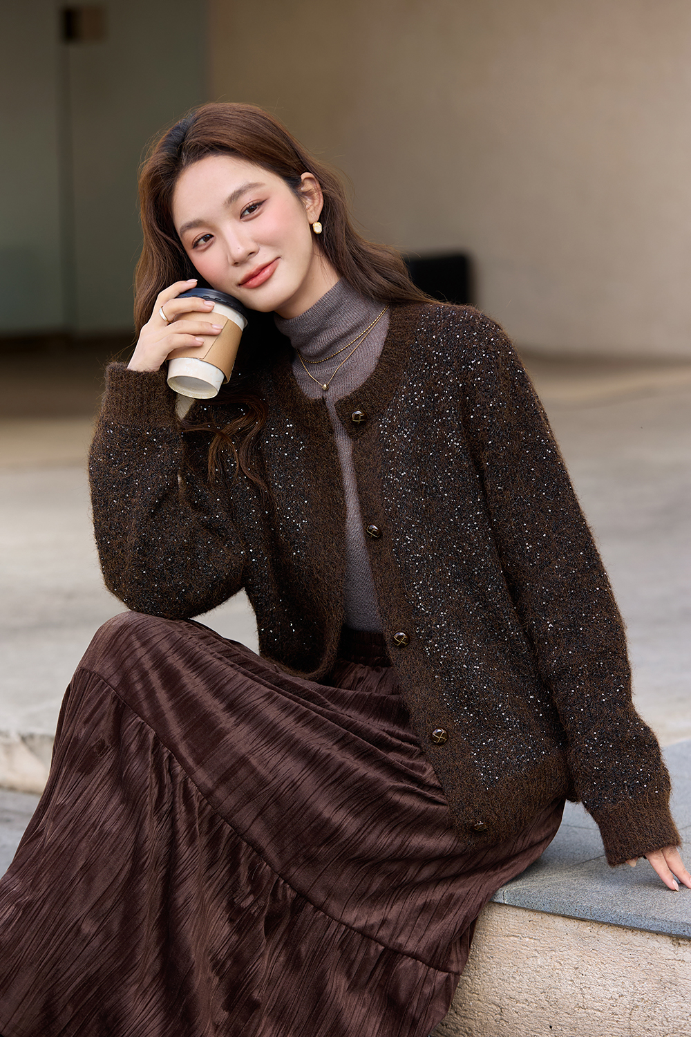 Coffee-Colored Crew Neck Sequin Sweater