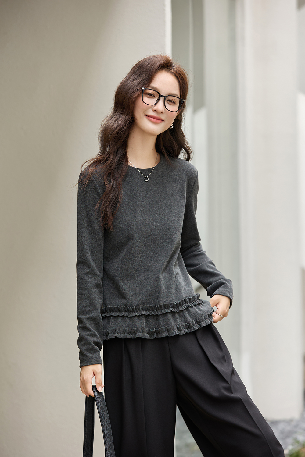 Grey Double-Layer Ruffled Trim Brushed T-Shirt