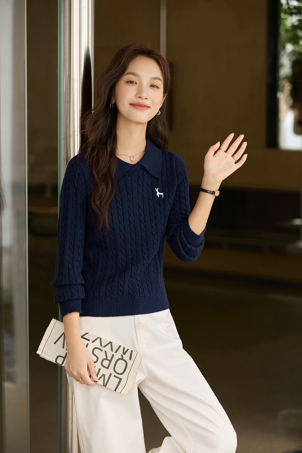 Navy Blue Deer Embroidery Lapel Sweater
