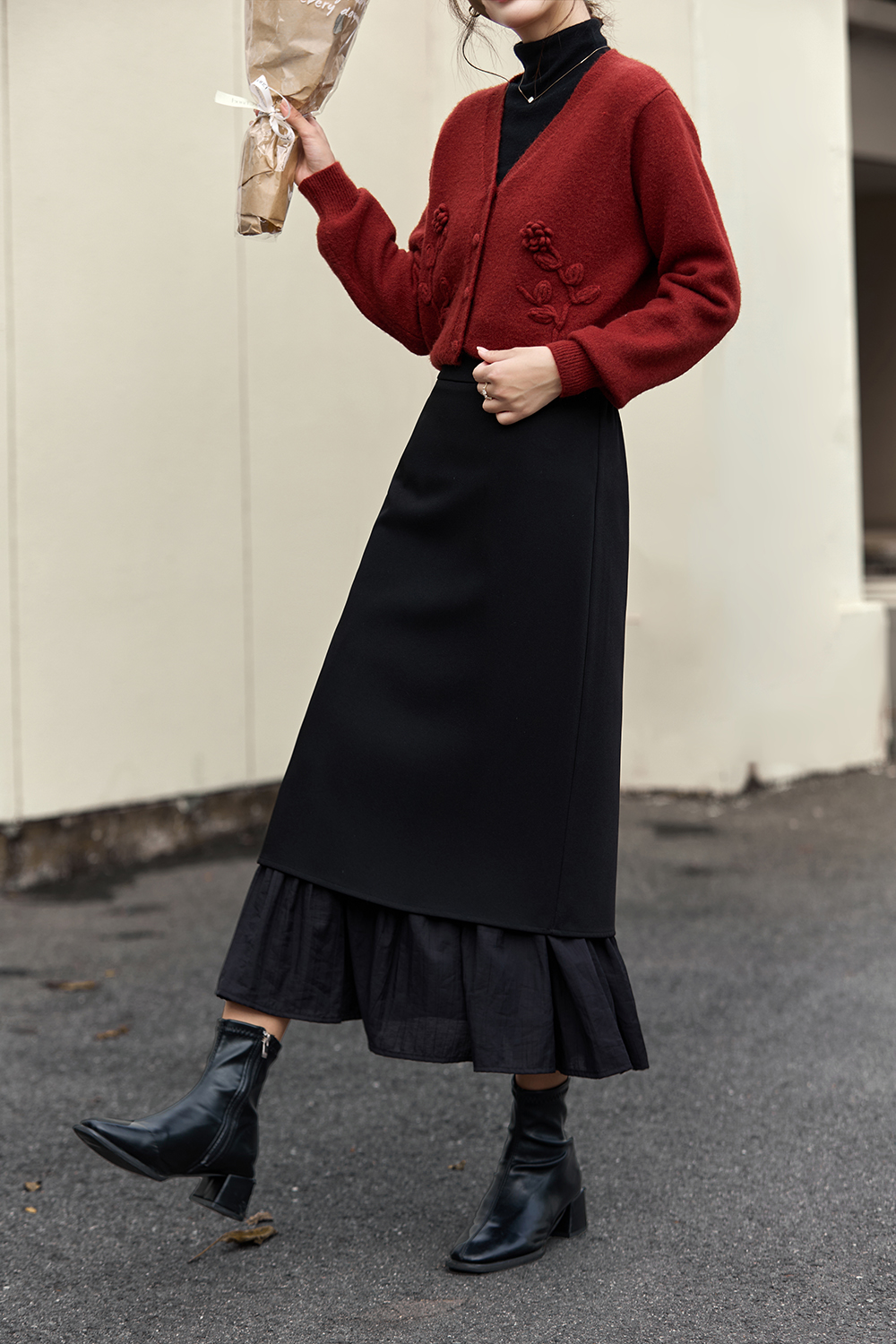 French-Style Paneled Wool Blend Midi Skirt