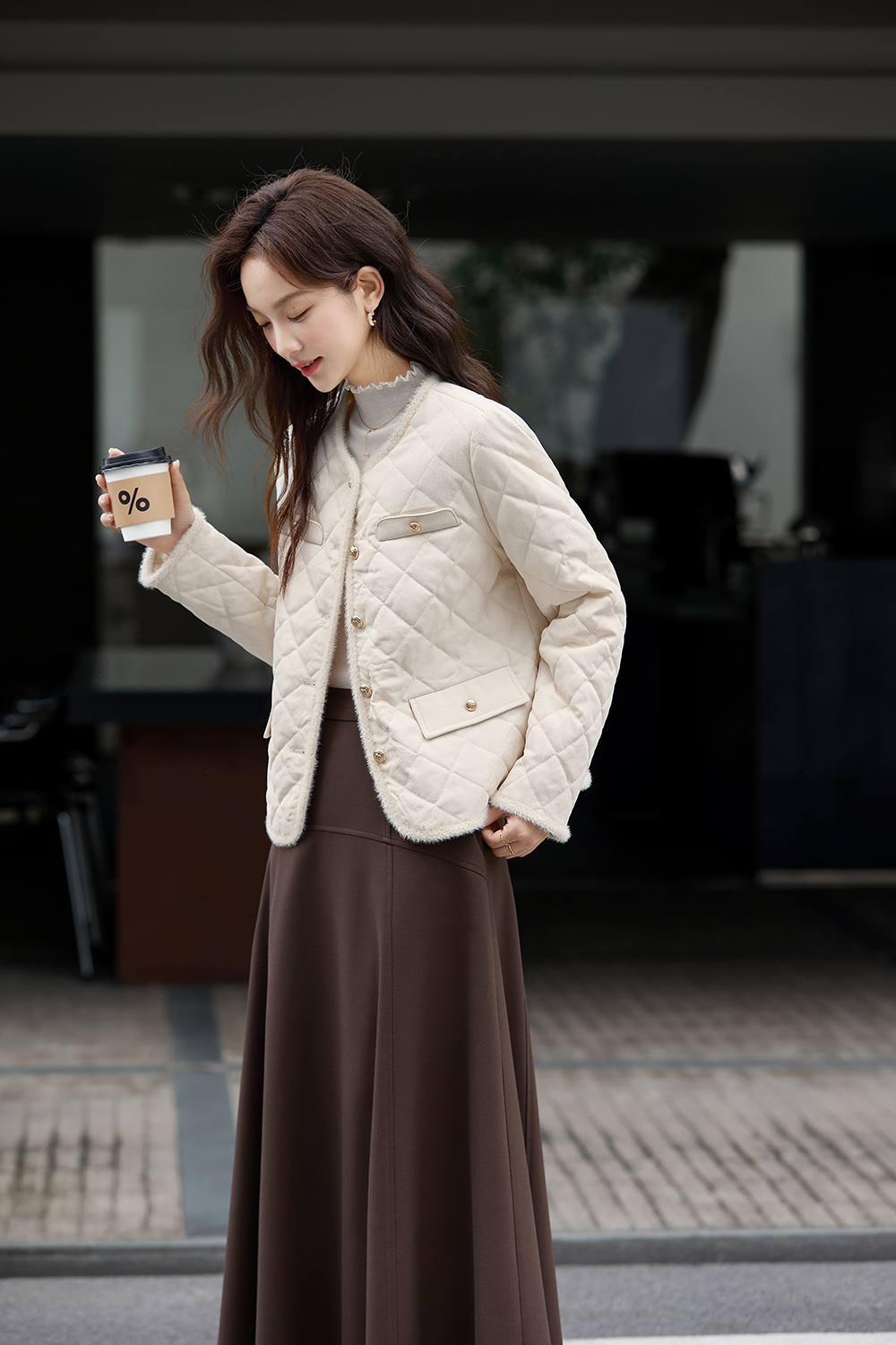 Apricot Argyle Crewneck Cotton-Padded Coat