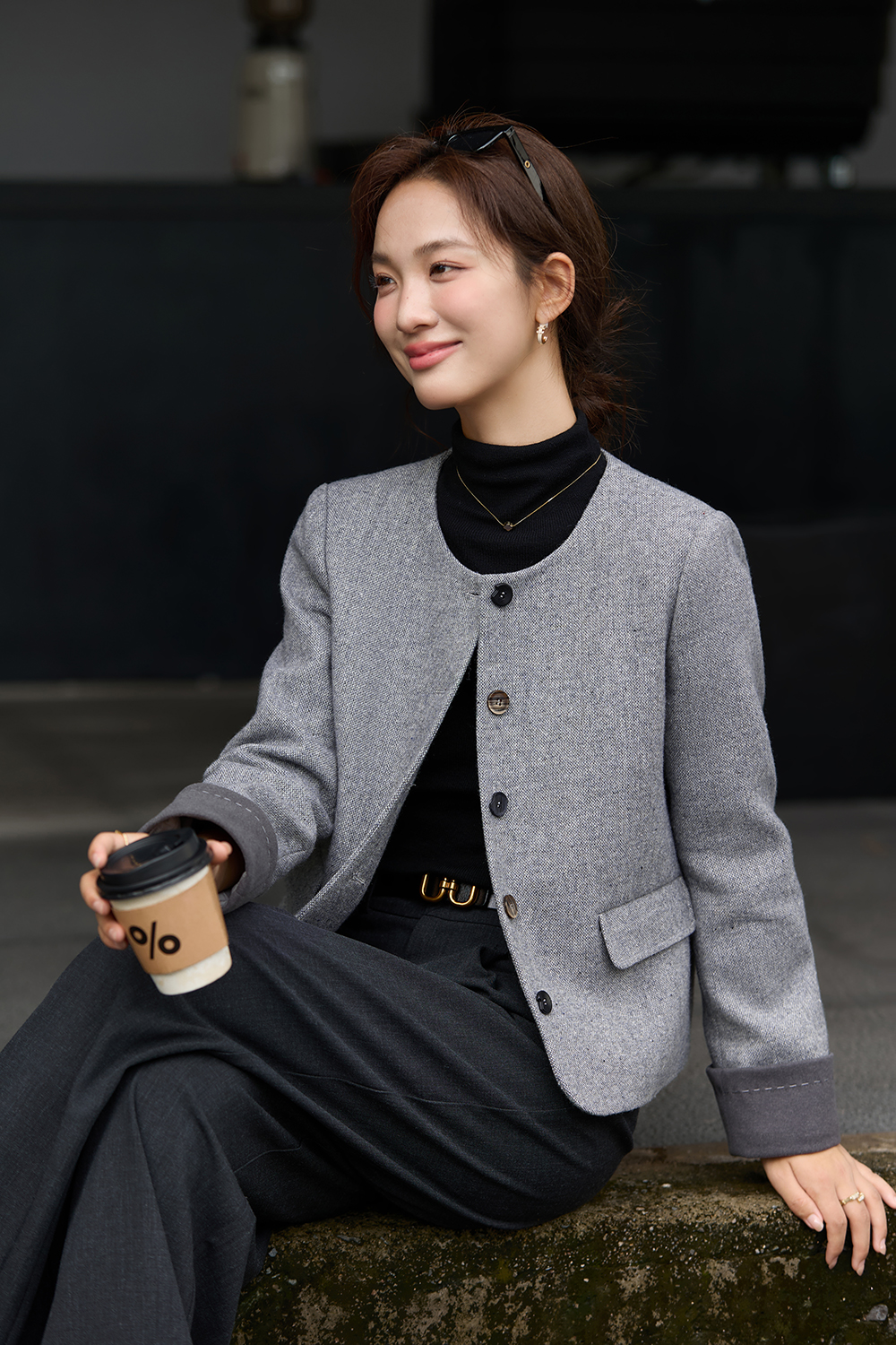 Grey Crewneck Wool Blend Coat