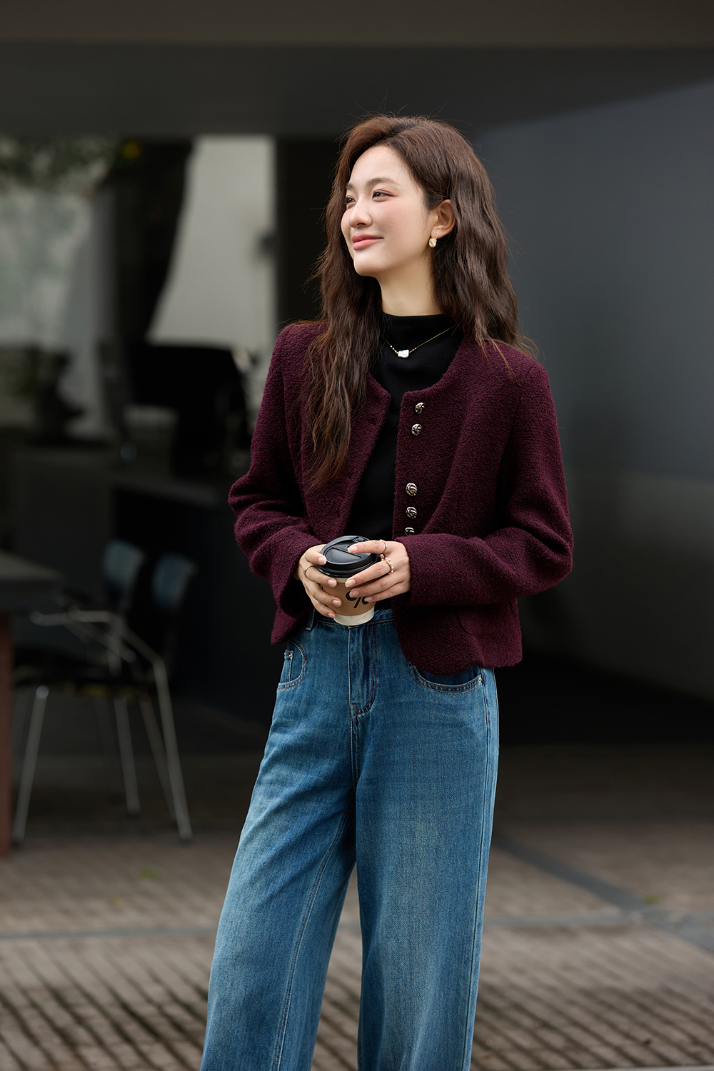 Purple Crewneck Wool Blend Coat