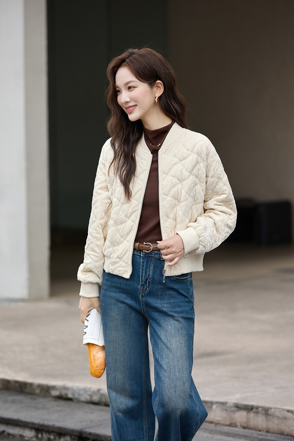 Apricot Argyle Velvet Varsity Cotton-Padded Jacket