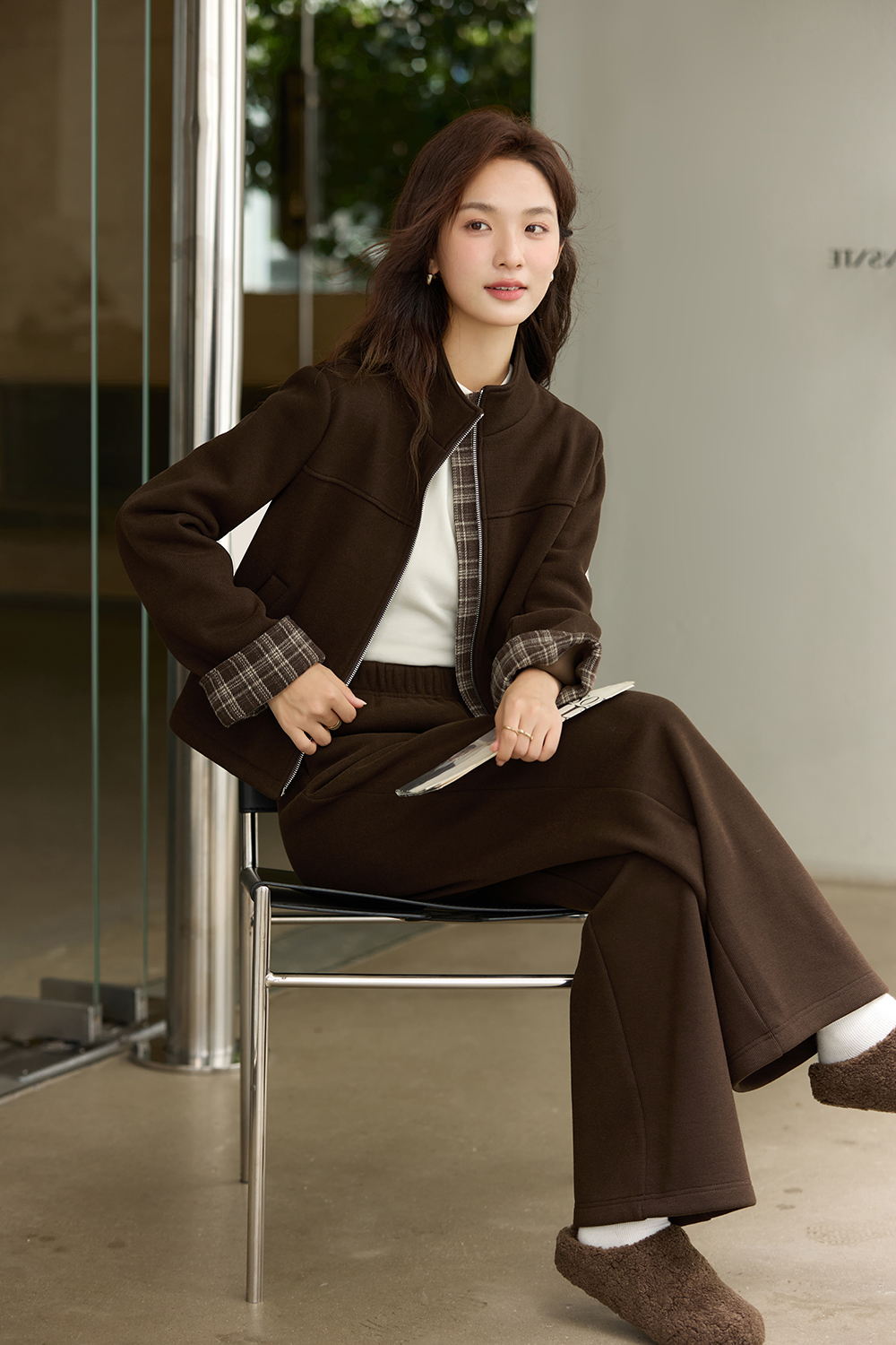 Brown Plaid Trim Suit Set