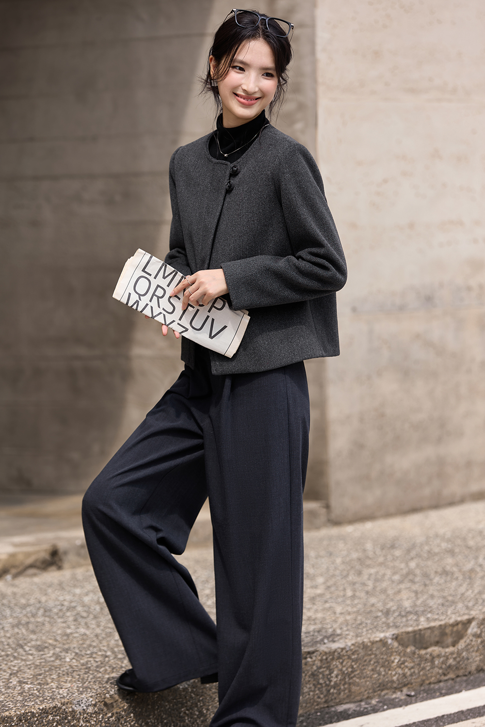 Grey French-Style Crewneck Wool Blend Coat