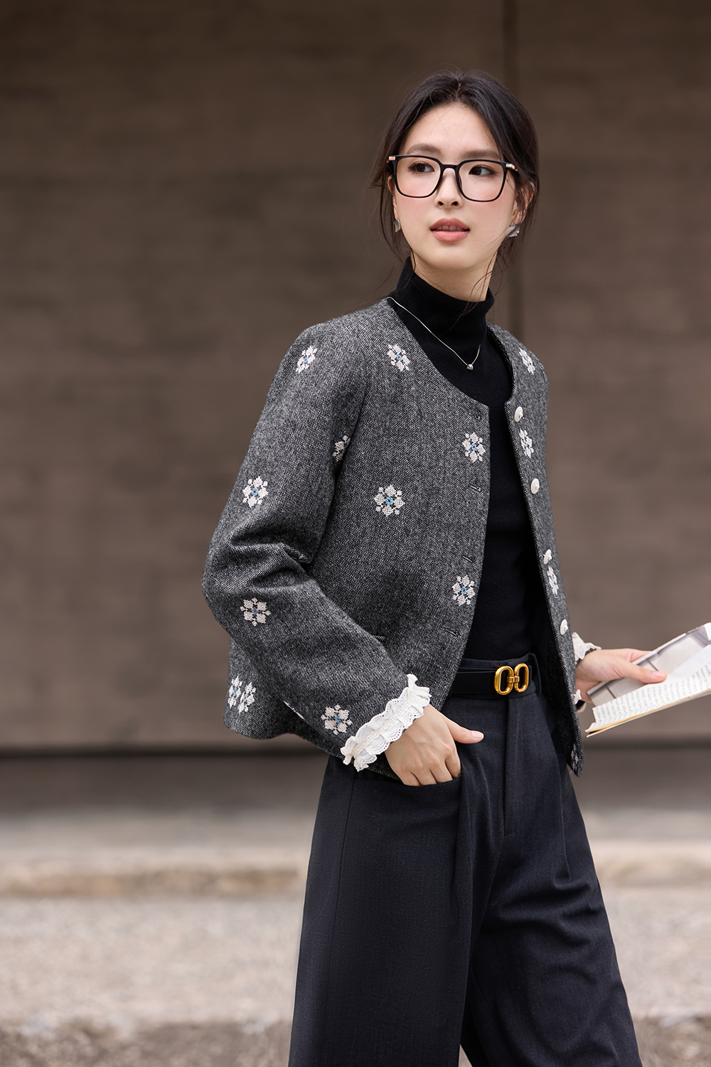 Heather Grey Embroidered Shorts & Jacket Set