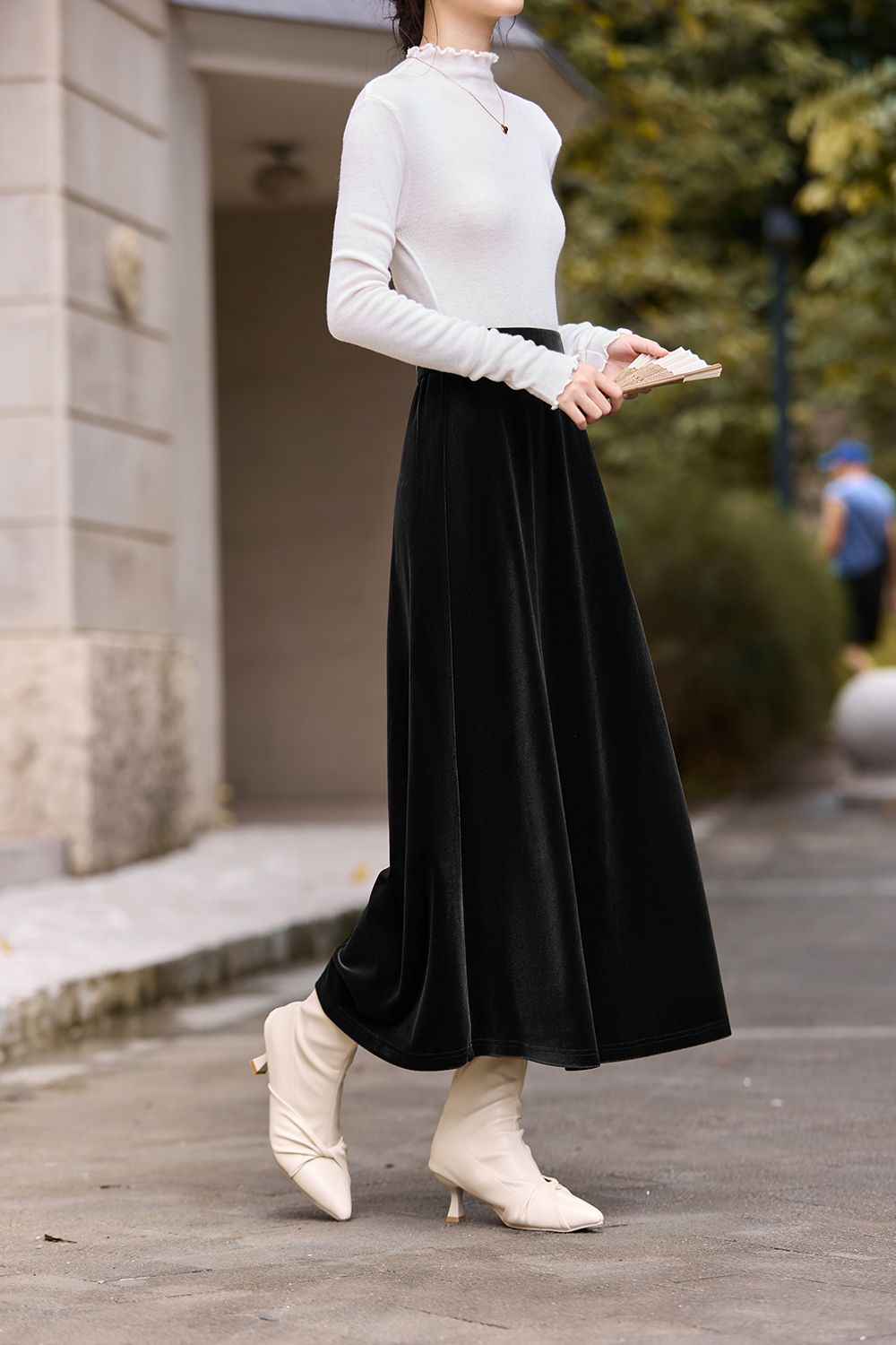 Brown French-Style Knitted Velvet Midi Skirt