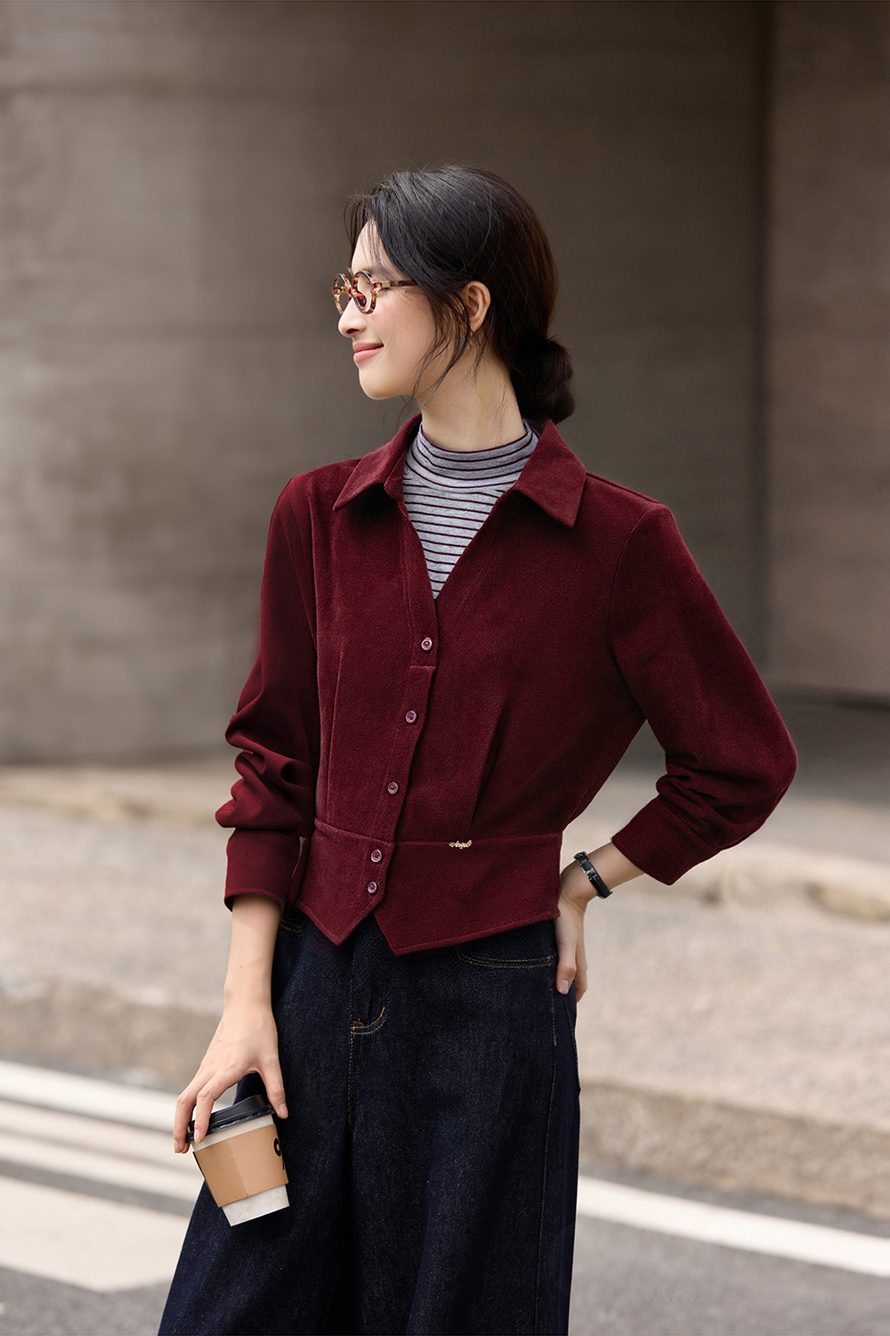 Apricot-Coffee Layered-Look Stand-Collar Shirt