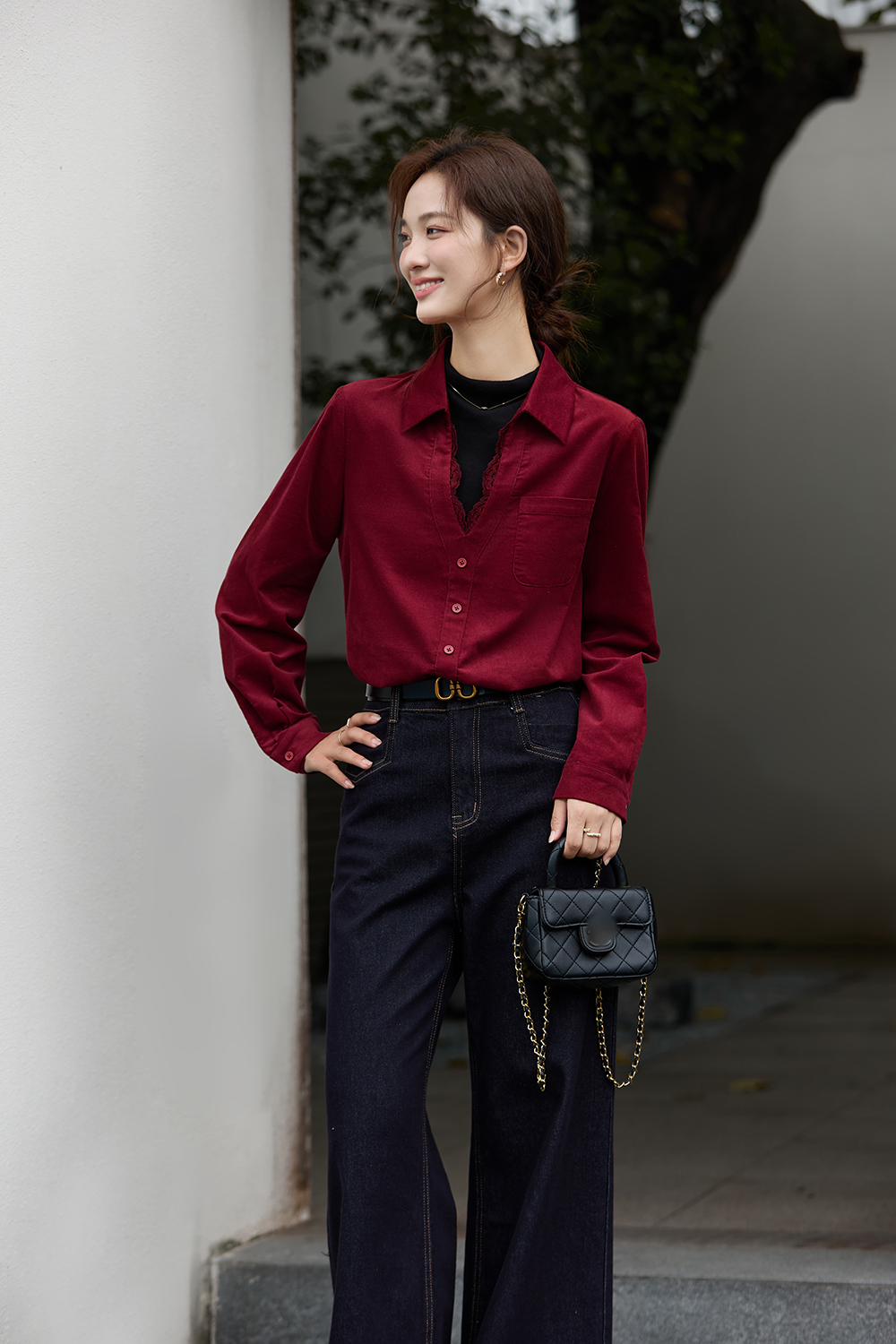 Red-Black French-Style Layered-Look Long-Sleeve Shirt
