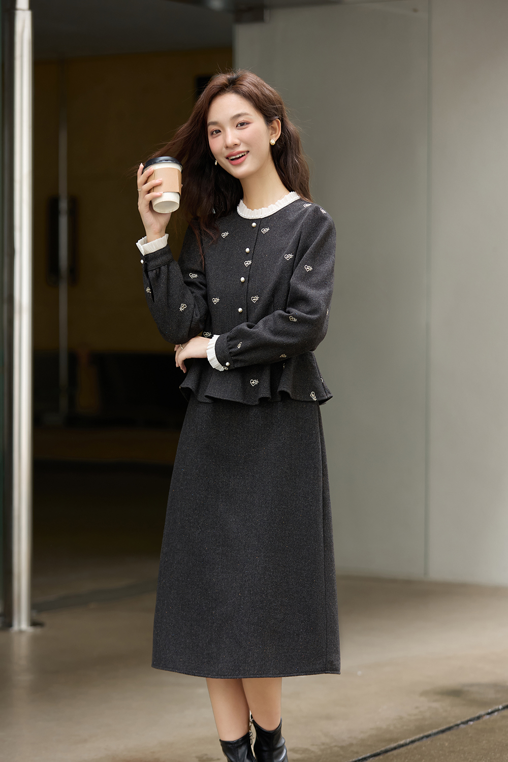 Grey Layered-Look Crewneck Dress