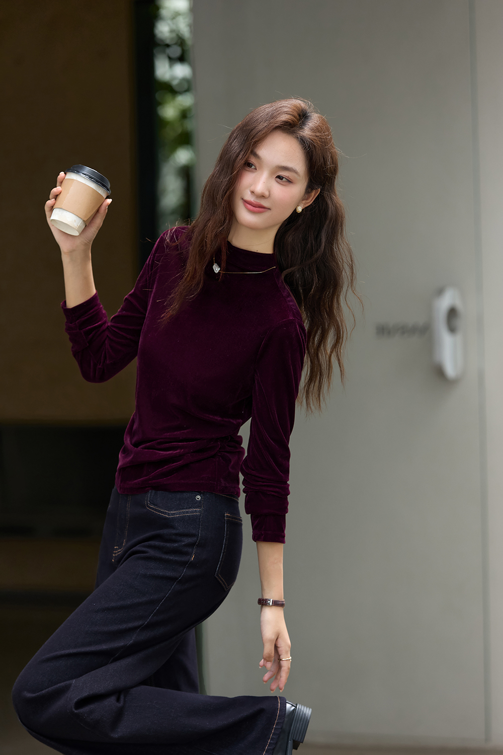 Red Mock Neck Velvet Long-Sleeve Top