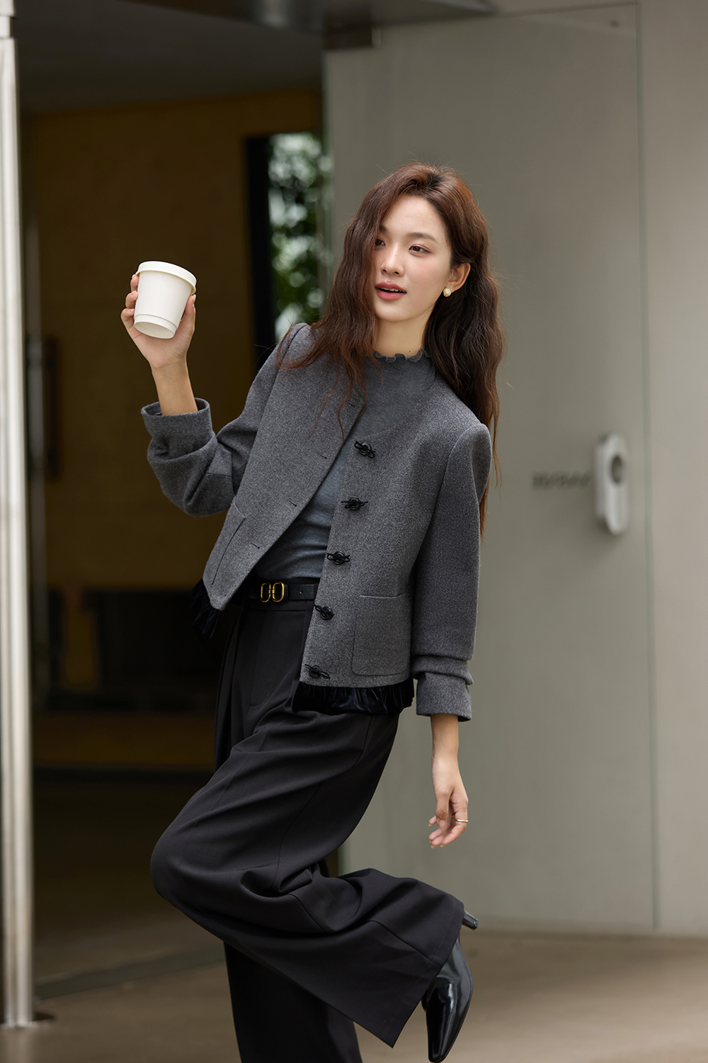 Grey Ruffled Paneled Short Jacket