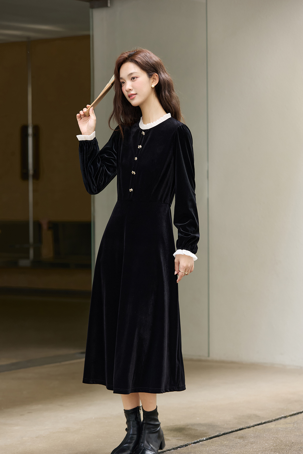French-Style Velvet A-Line Dress