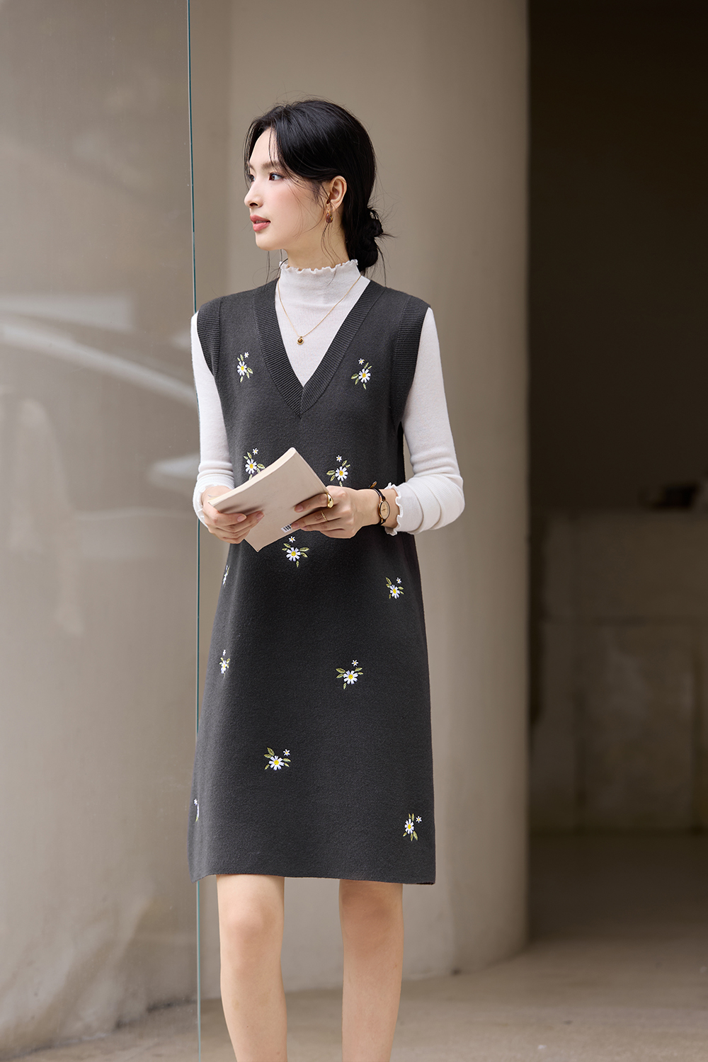 V-Neck Embroidered Vest Dress