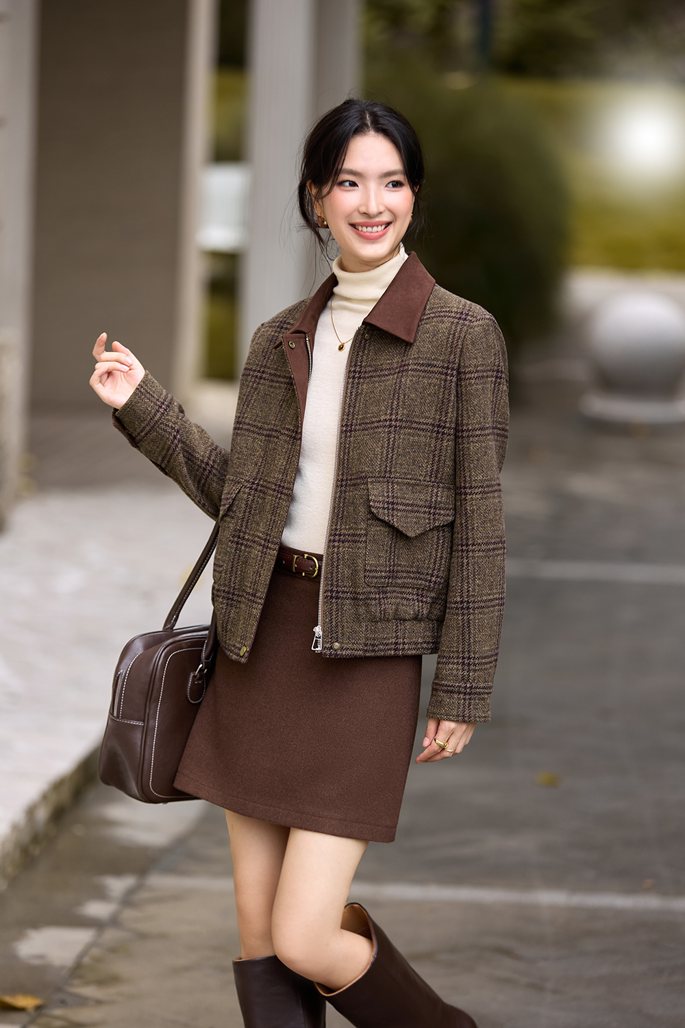 Brown Plaid Collared Short Coat