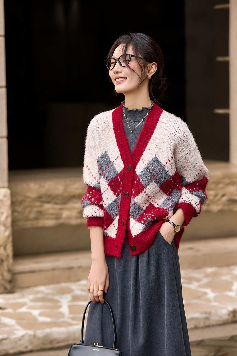 Vintage Diamond-Pattern Cardigan