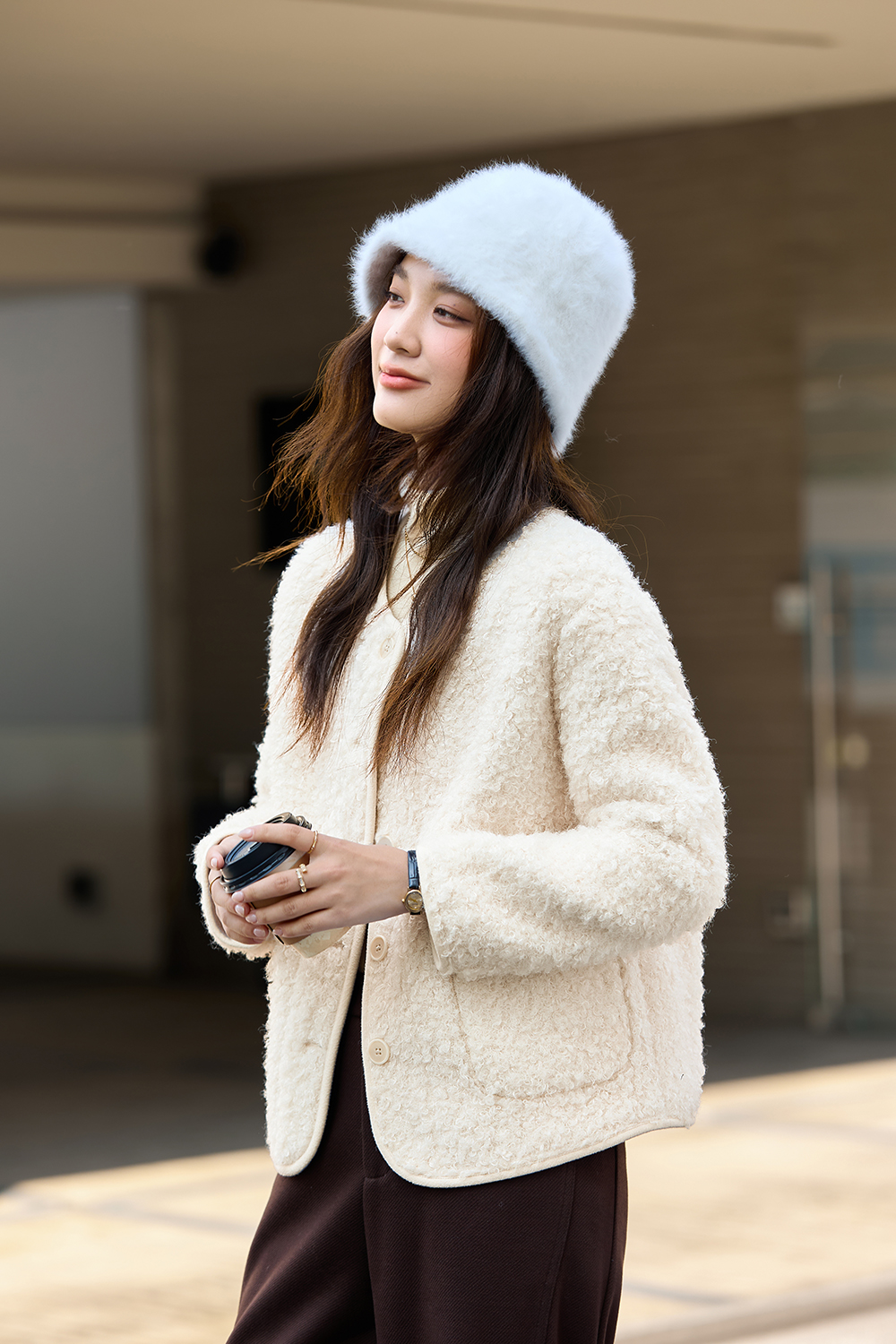 Apricot Shearling Crewneck Coat